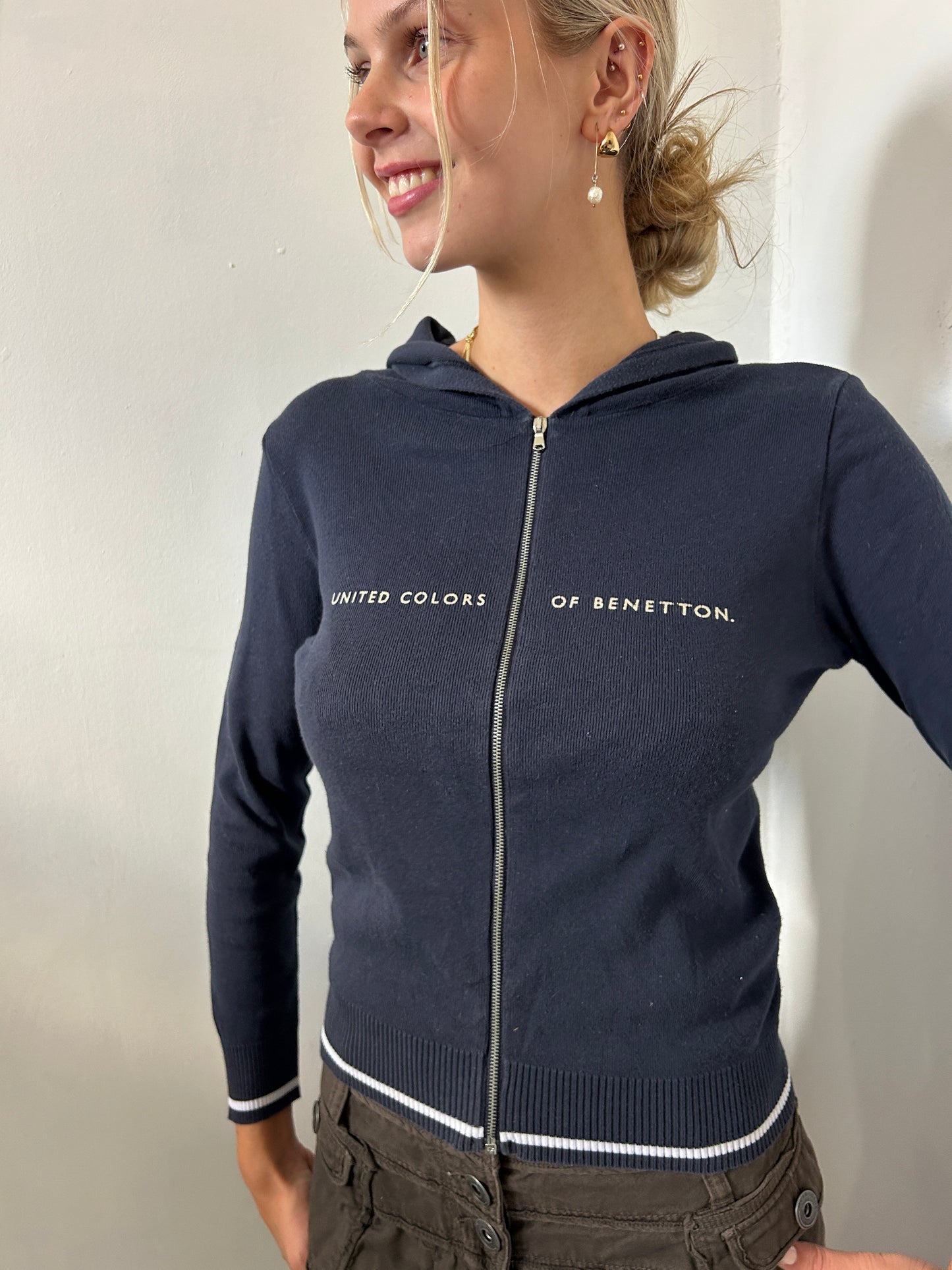 Navy Blue White Zip Up Hoodie - Size Small