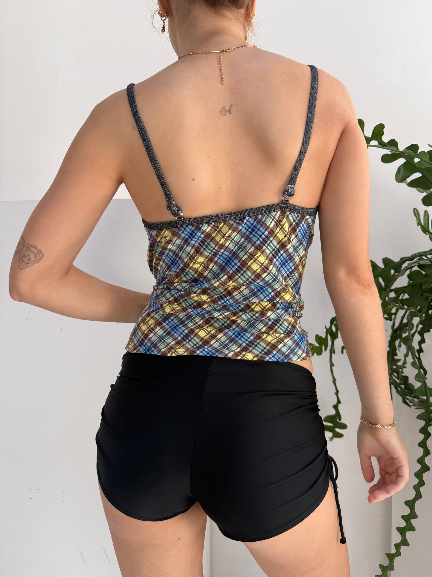 Gingham Blue Brown Yellow Swim Top - Size Medium