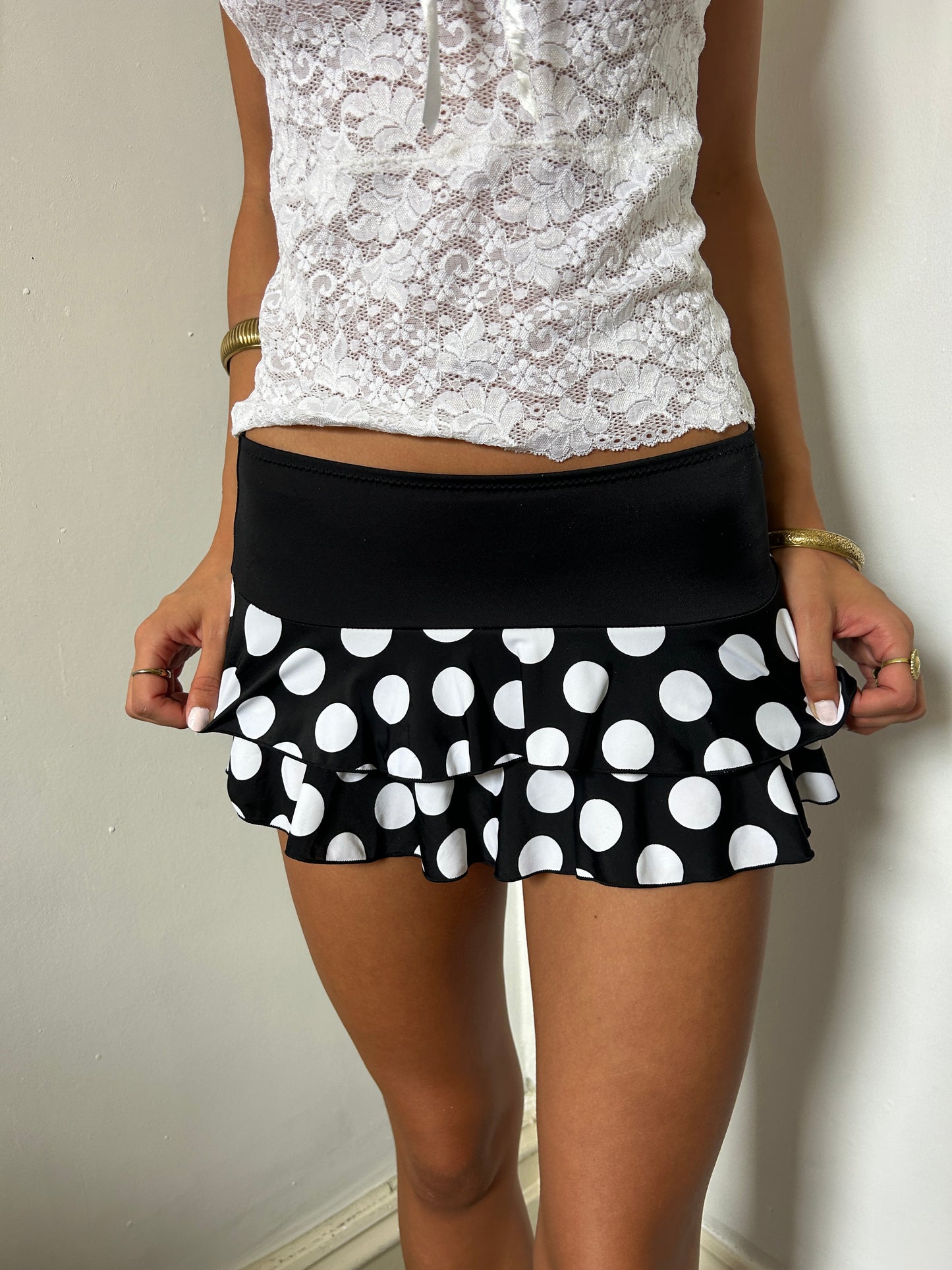 Black White Polka Dot Swim Mini Skirt - Size Small
