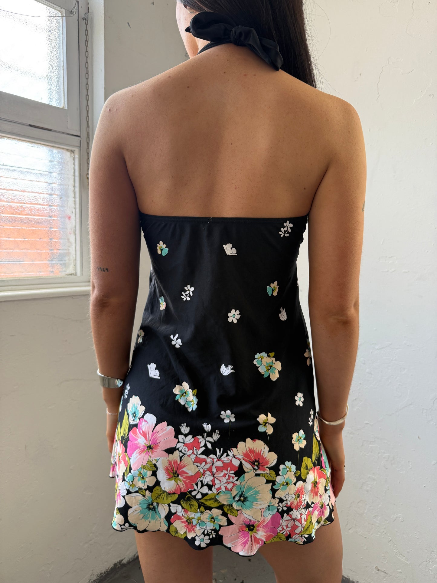 Black White Floral Halter Neck Dress - Size Small
