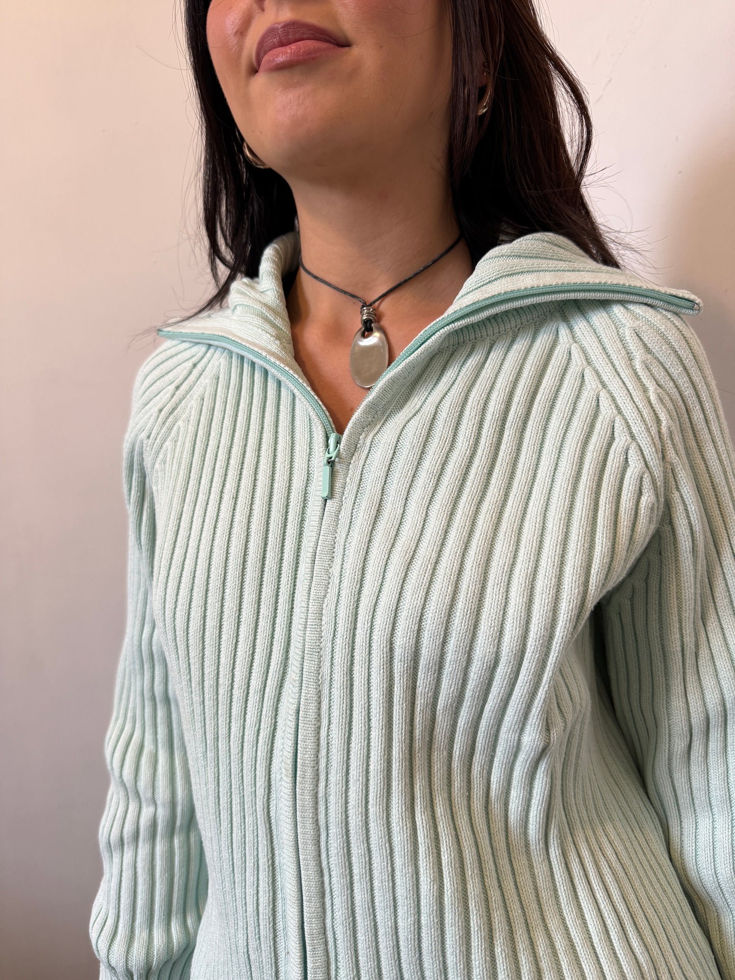 Teal Aquamarine Ribbed Knitted Zip Up Jumper - Size Extra-Large