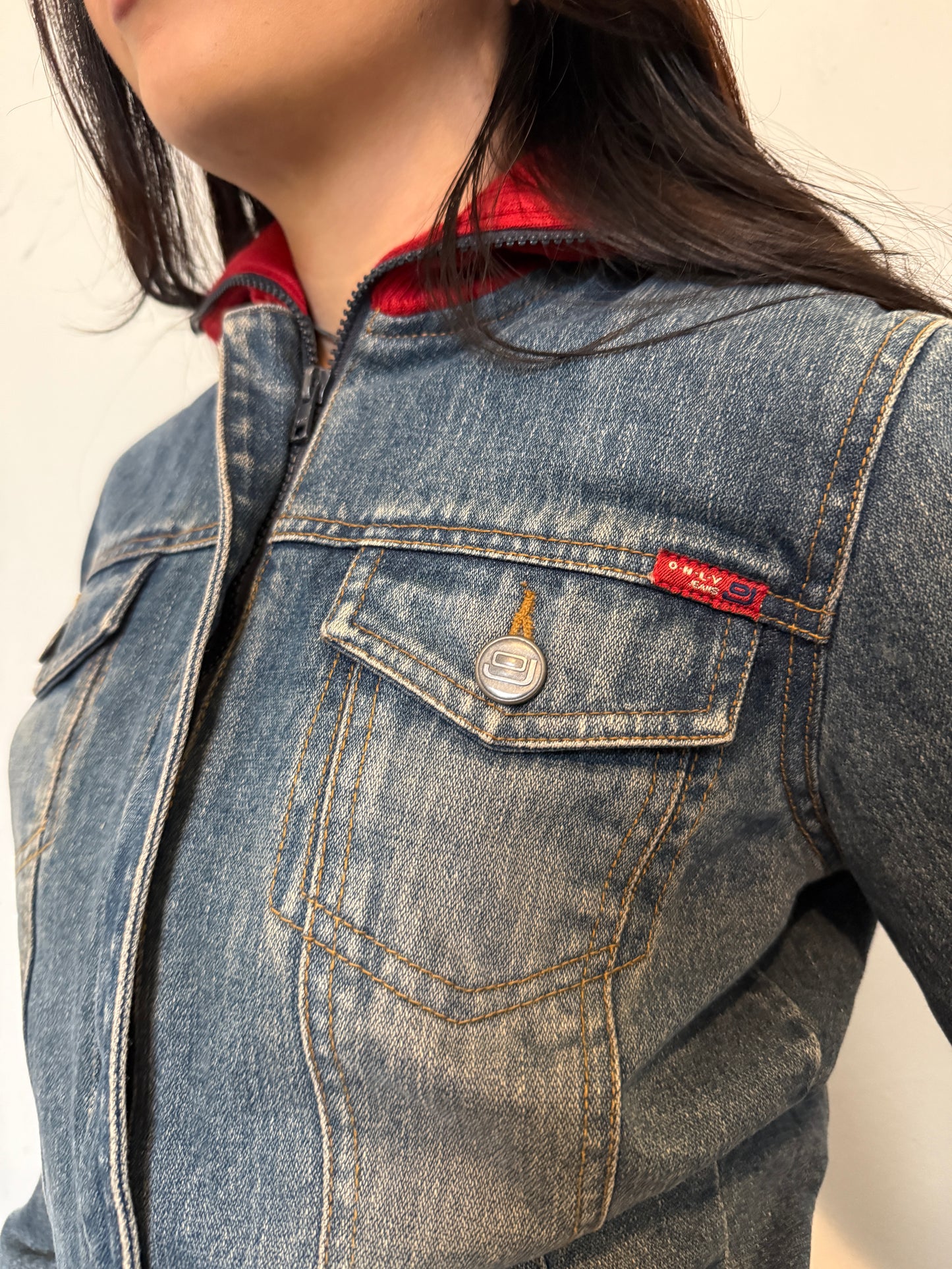 Denim Red Zip Up Jacket - Size Small