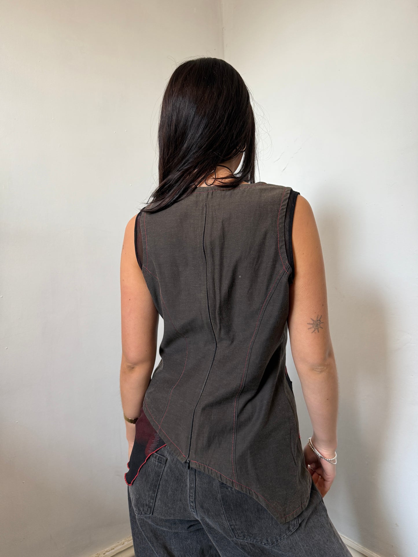 Asymmetrical Dark Khaki Washed Red Stitching Top - Size Medium