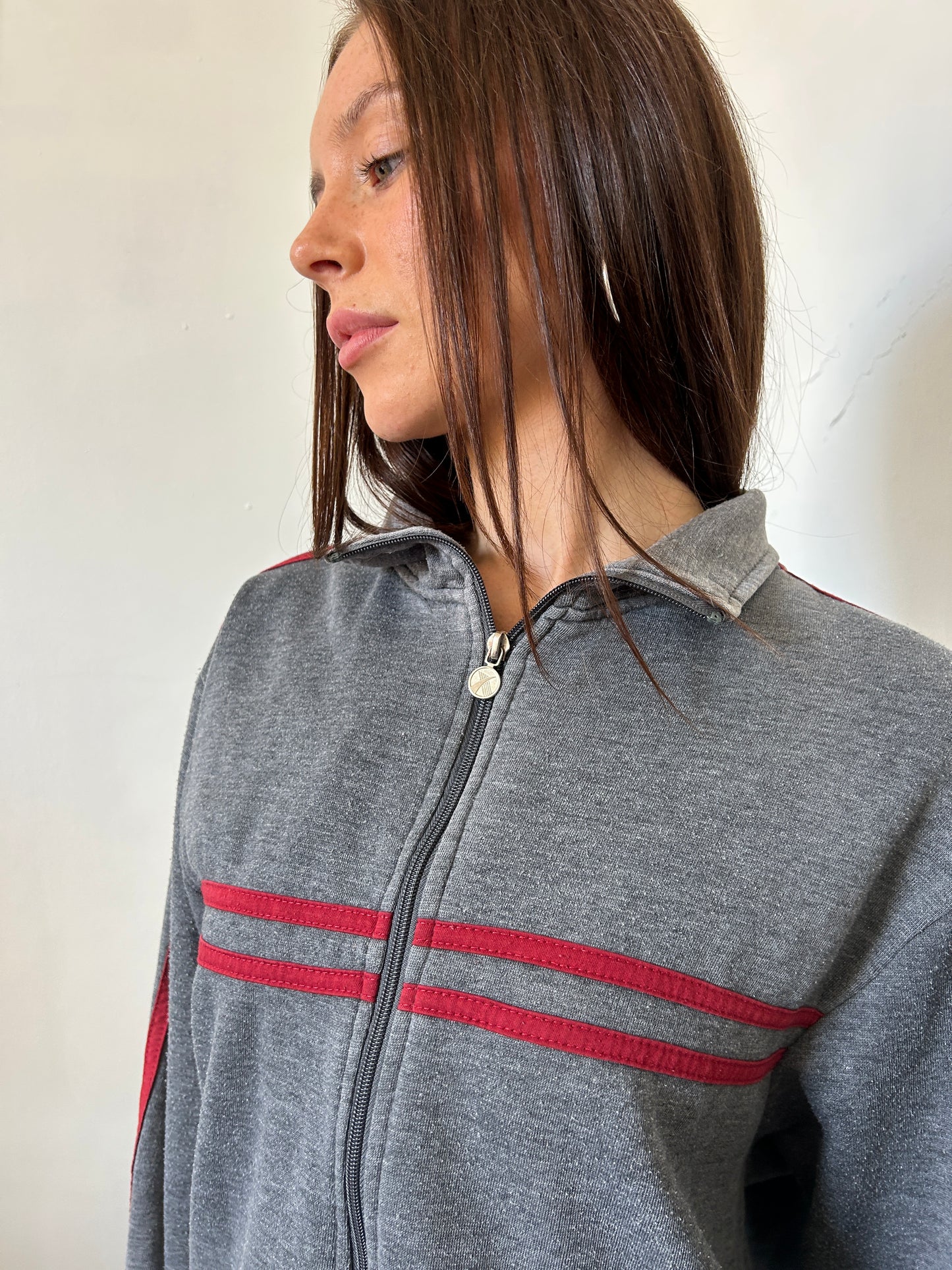 Grey With Red Stripes Zip Up Jumper - Size Large