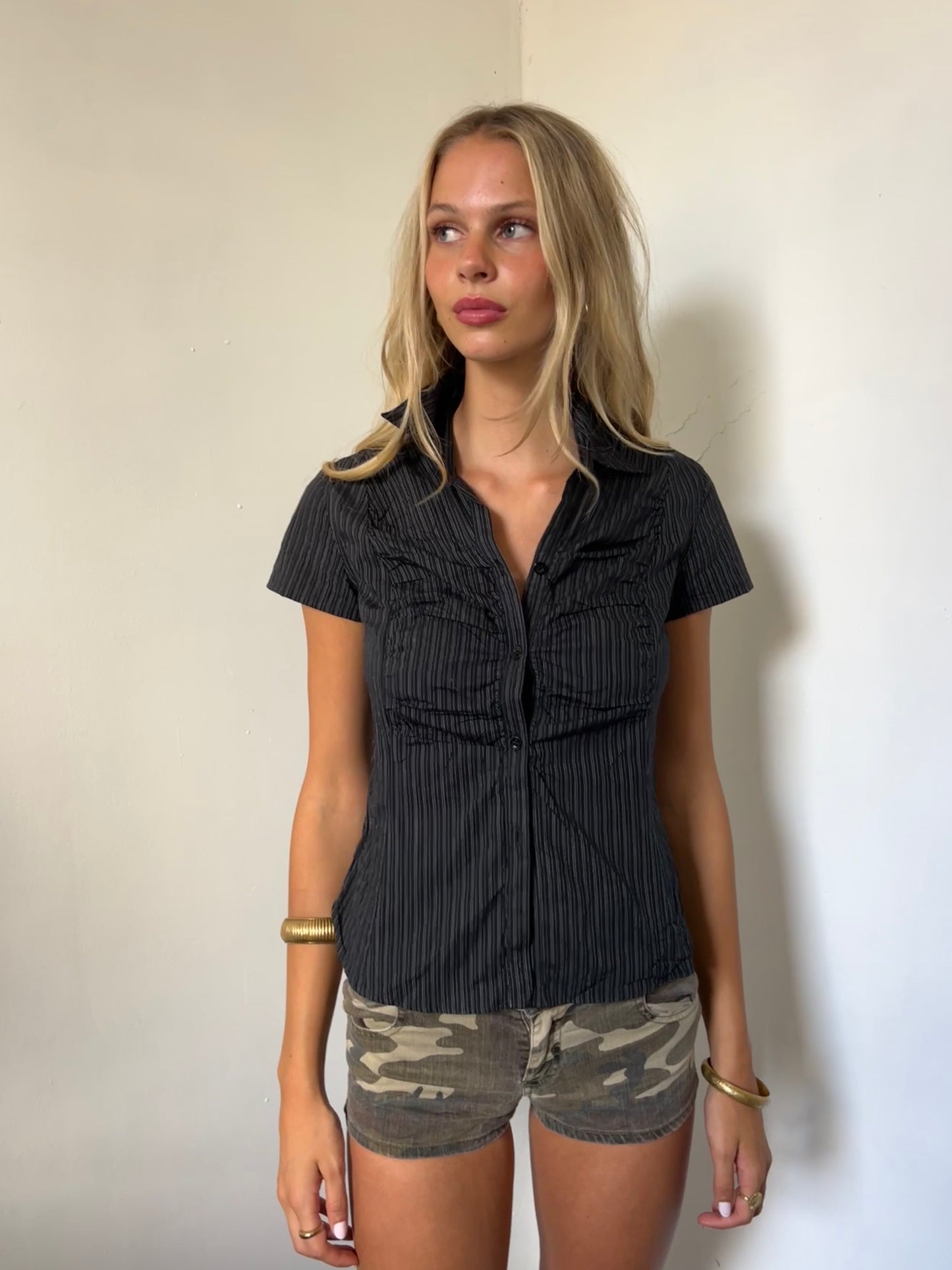 Black Pinstriped Button Up Shirt - Size Medium