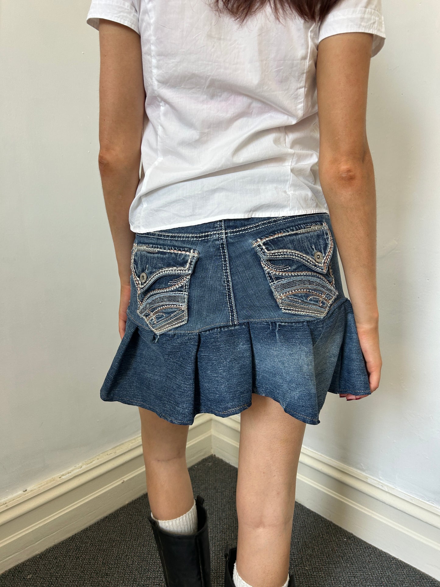 Denim Reworked Mini Skirt - Size Medium