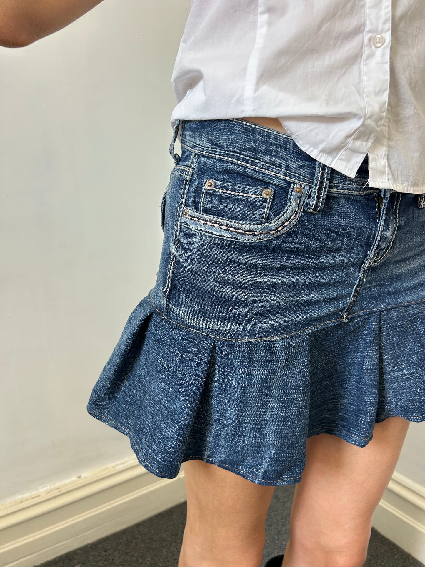 Denim Reworked Mini Skirt - Size Medium