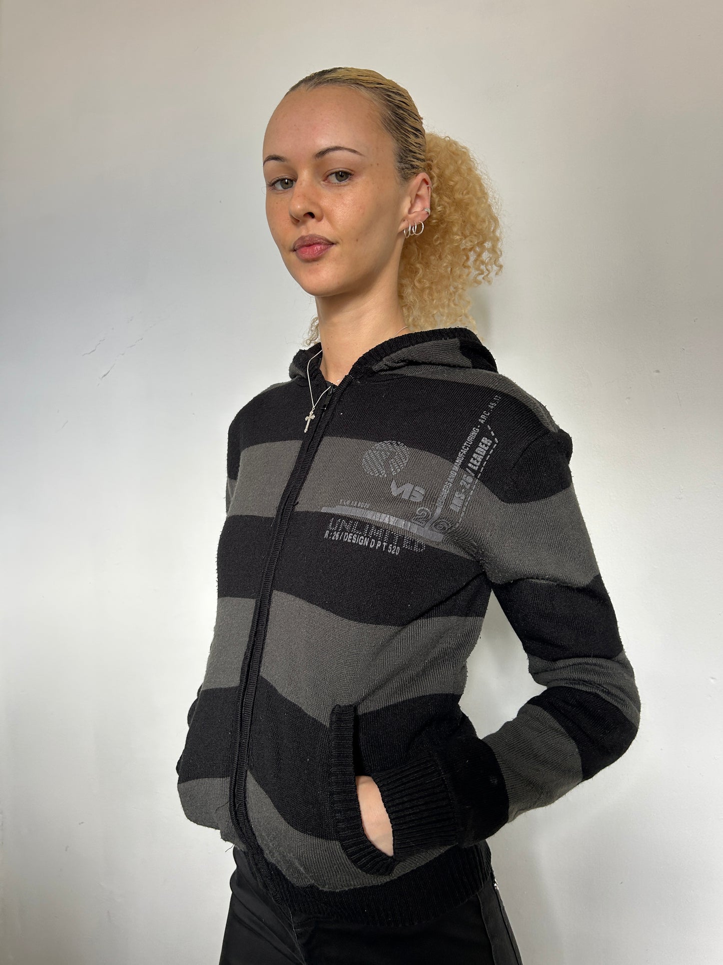 Black Grey Striped Zip Up Hoodie - Size Extra-Small