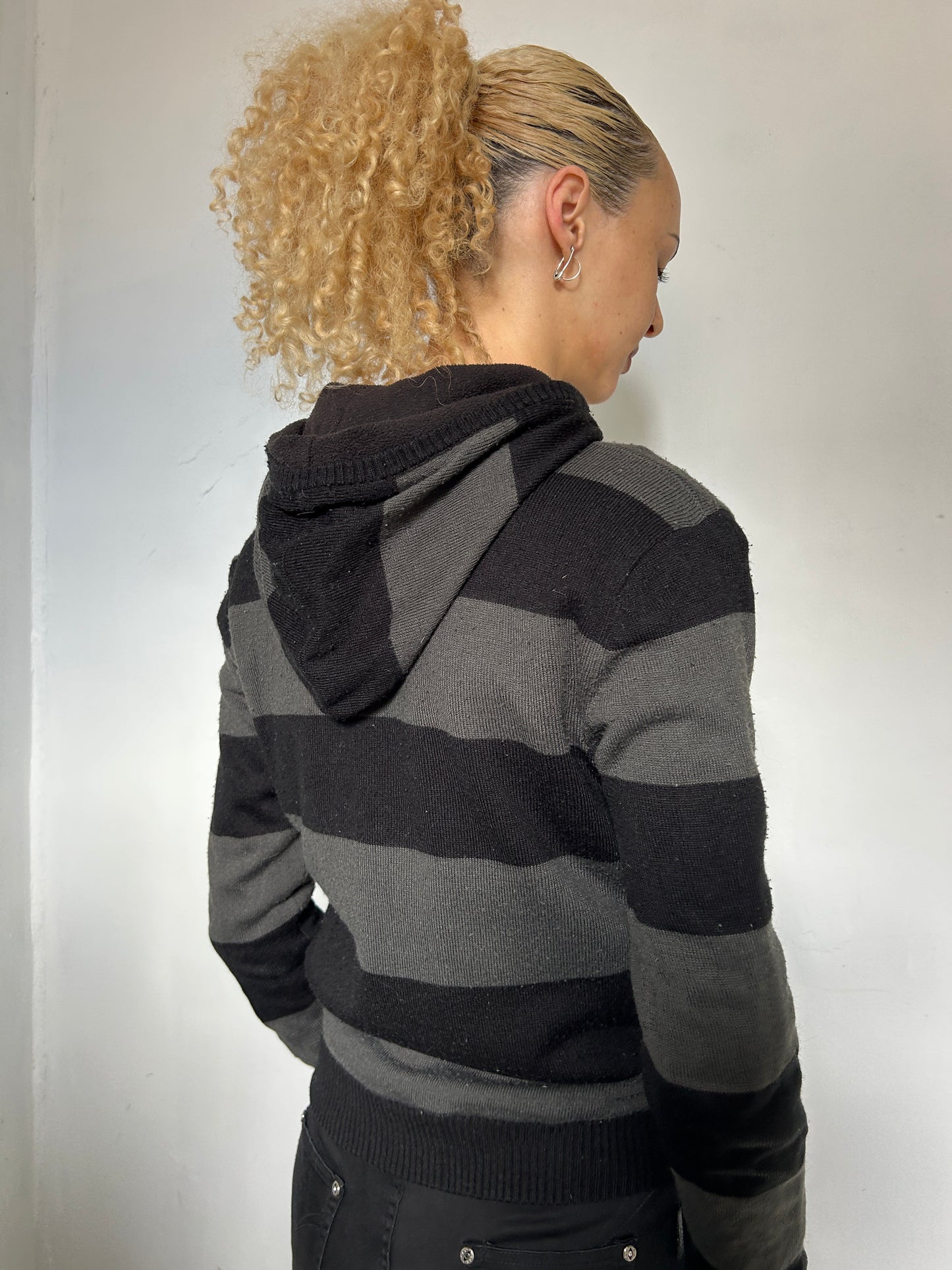 Black Grey Striped Zip Up Hoodie - Size Extra-Small