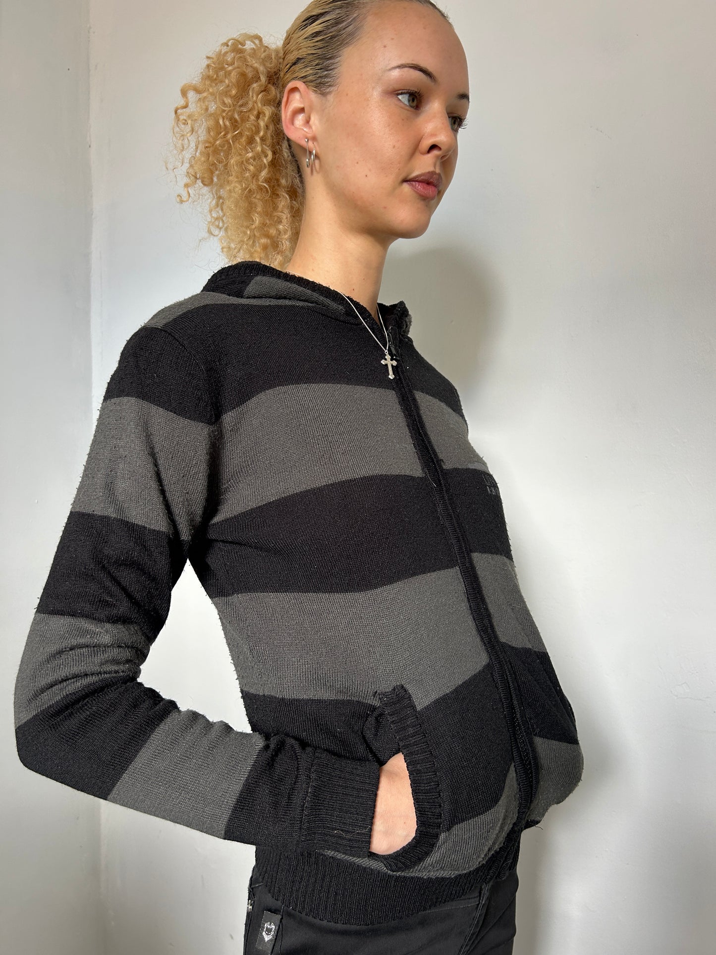 Black Grey Striped Zip Up Hoodie - Size Extra-Small