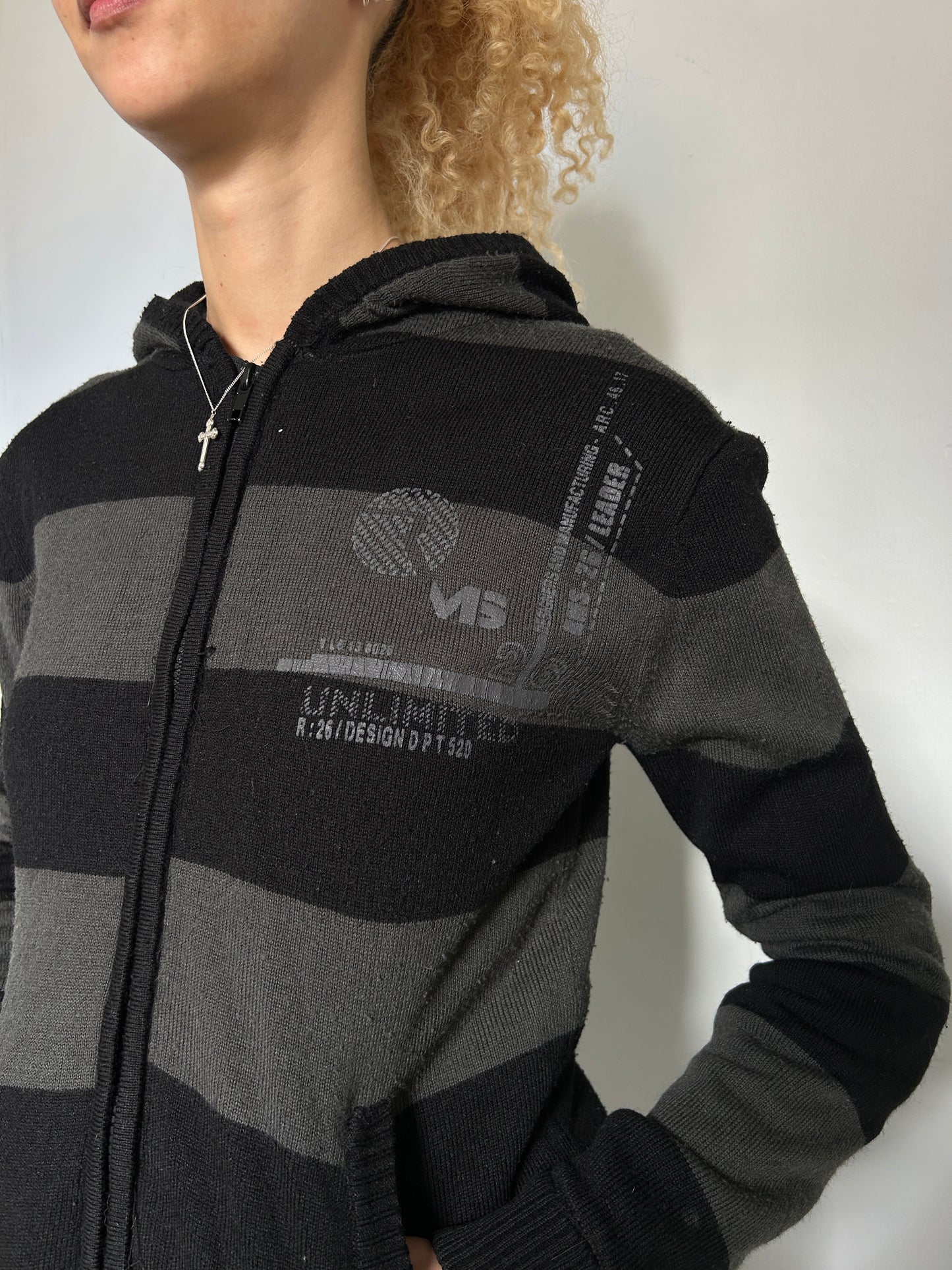 Black Grey Striped Zip Up Hoodie - Size Extra-Small