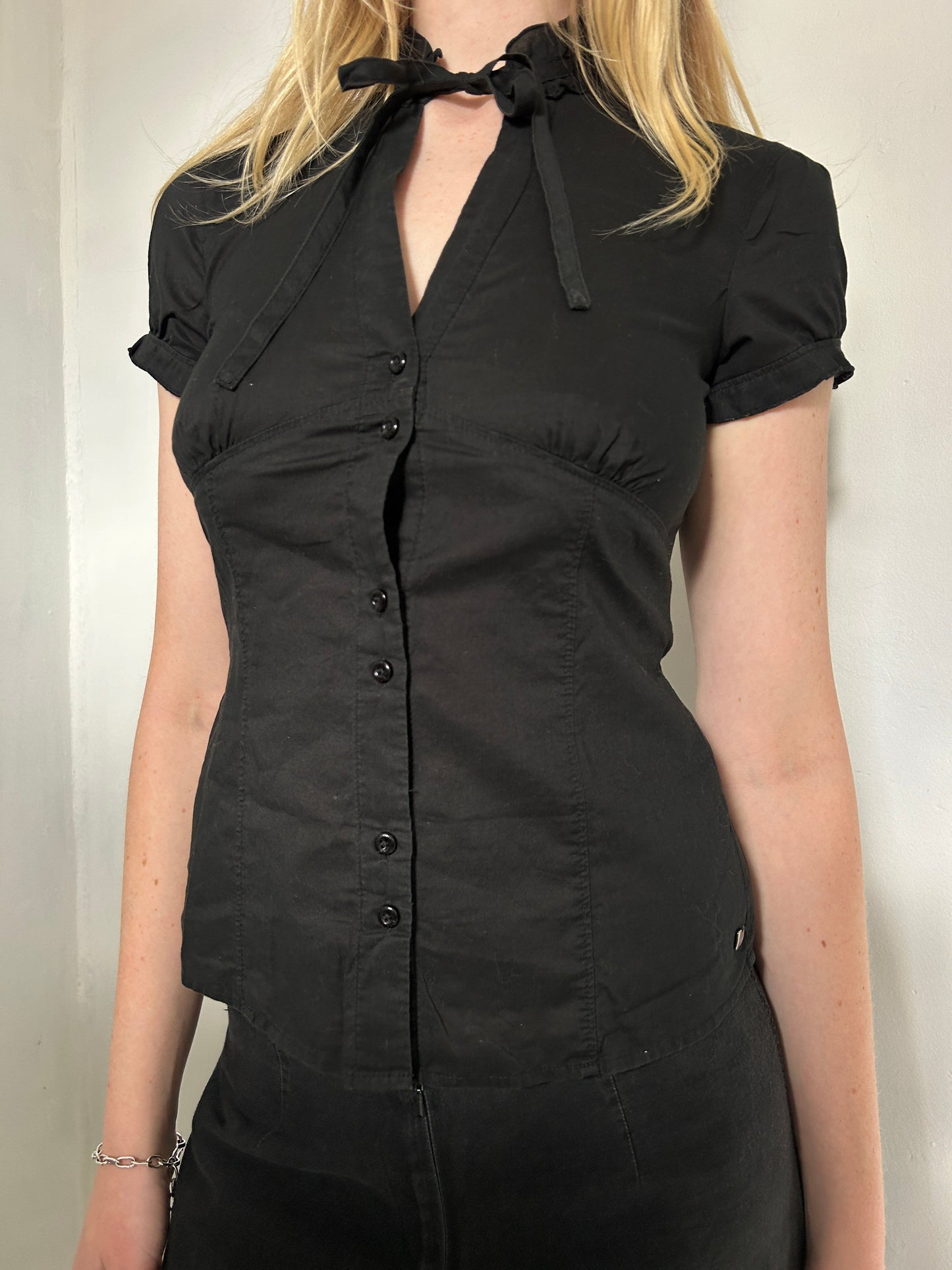 Black Button Up Shirt w Tie Detail- Size Extra-Small