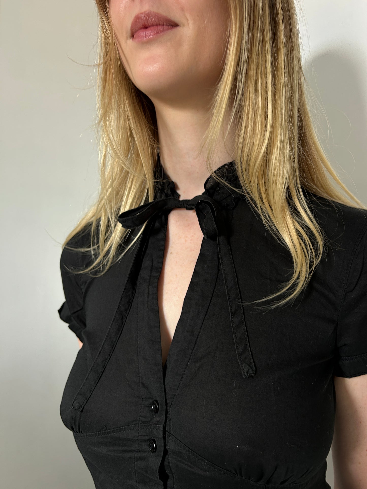 Black Button Up Shirt w Tie Detail- Size Extra-Small