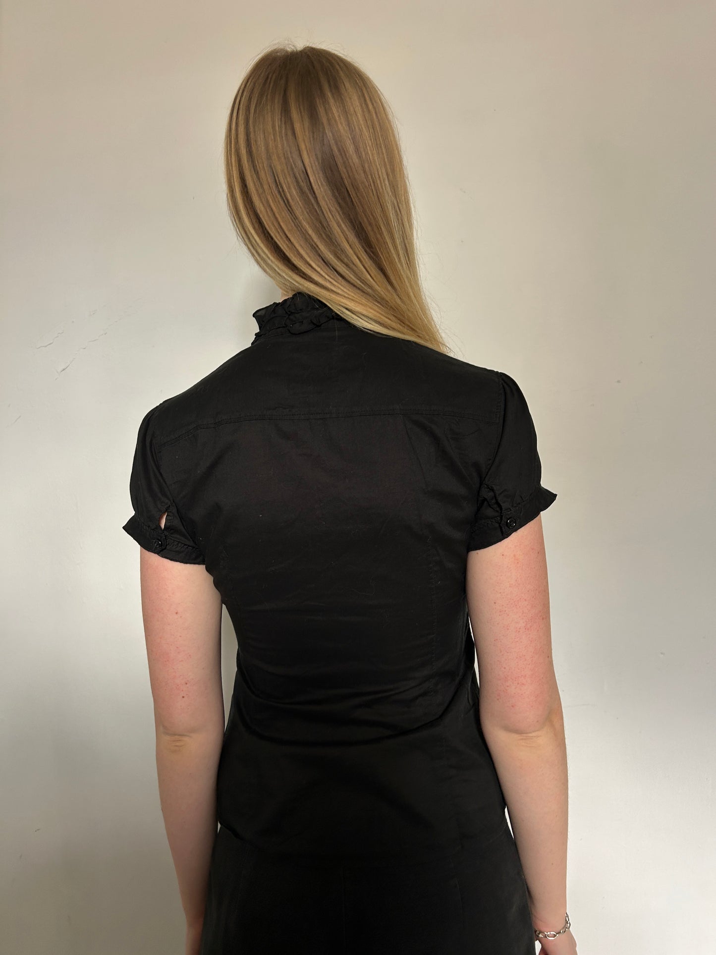 Black Button Up Shirt w Tie Detail- Size Extra-Small