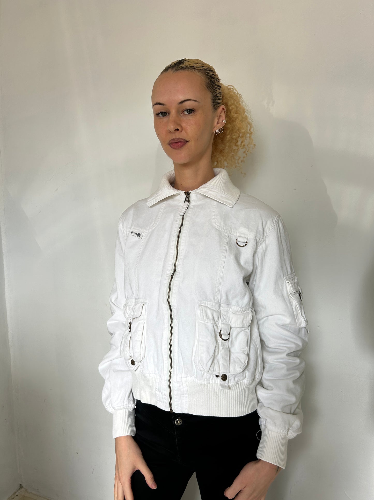 White Cargo Bomber Style Zip Up Jacket - Size Medium
