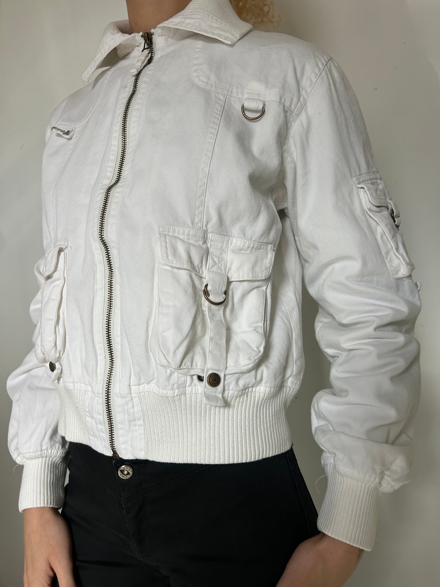White Cargo Bomber Style Zip Up Jacket - Size Medium