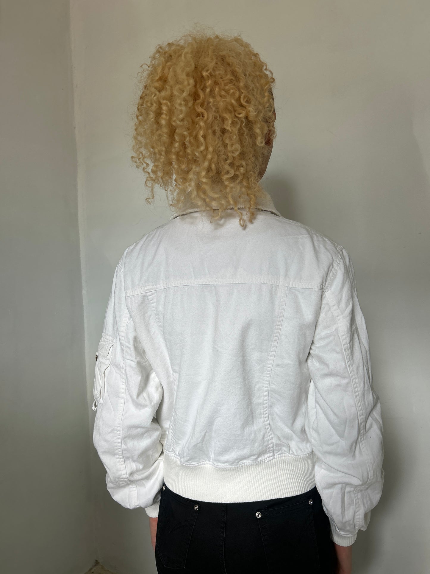 White Cargo Bomber Style Zip Up Jacket - Size Medium