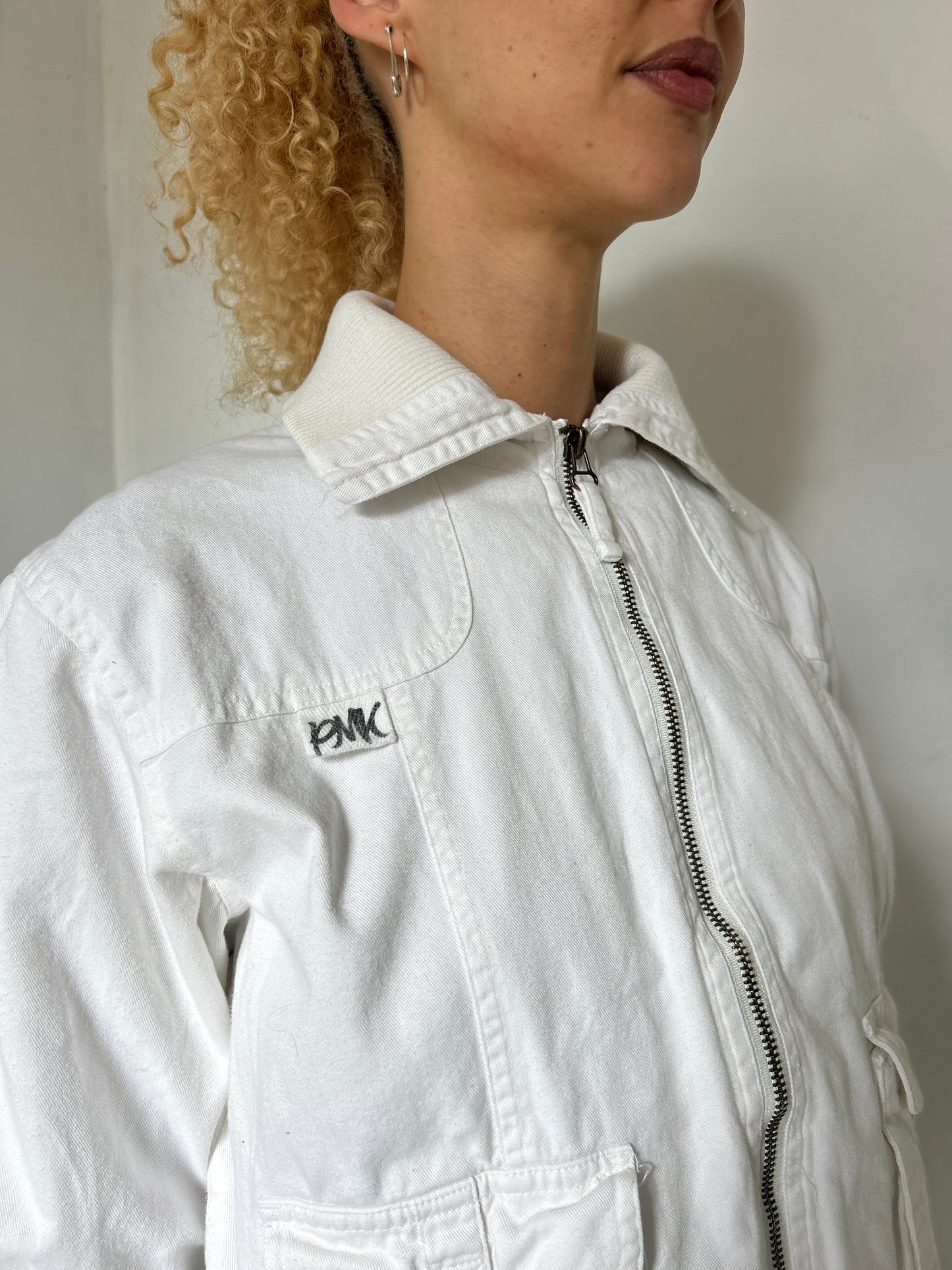 White Cargo Bomber Style Zip Up Jacket - Size Medium