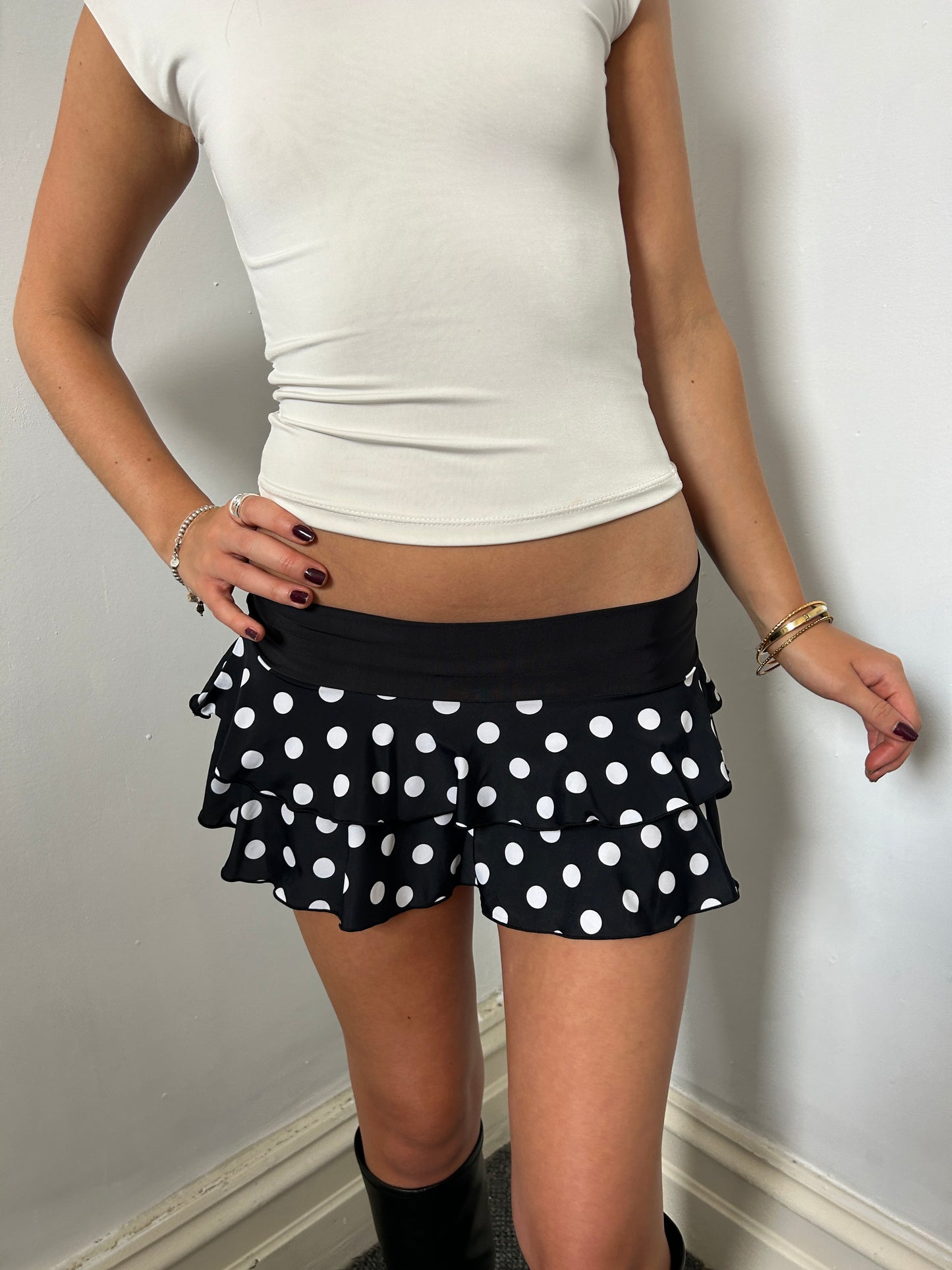 Black White Polka Dot Mini Skirt - Size Small