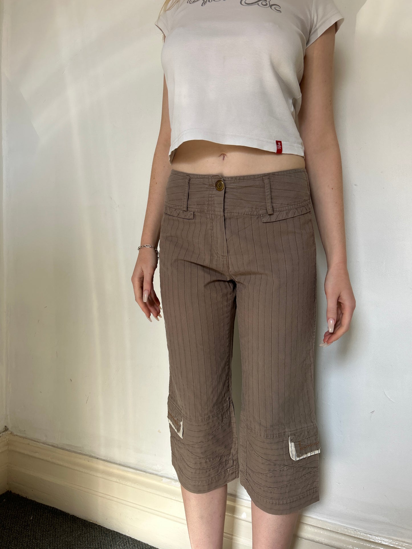 Brown Pinstriped Capri Pants - Size Small