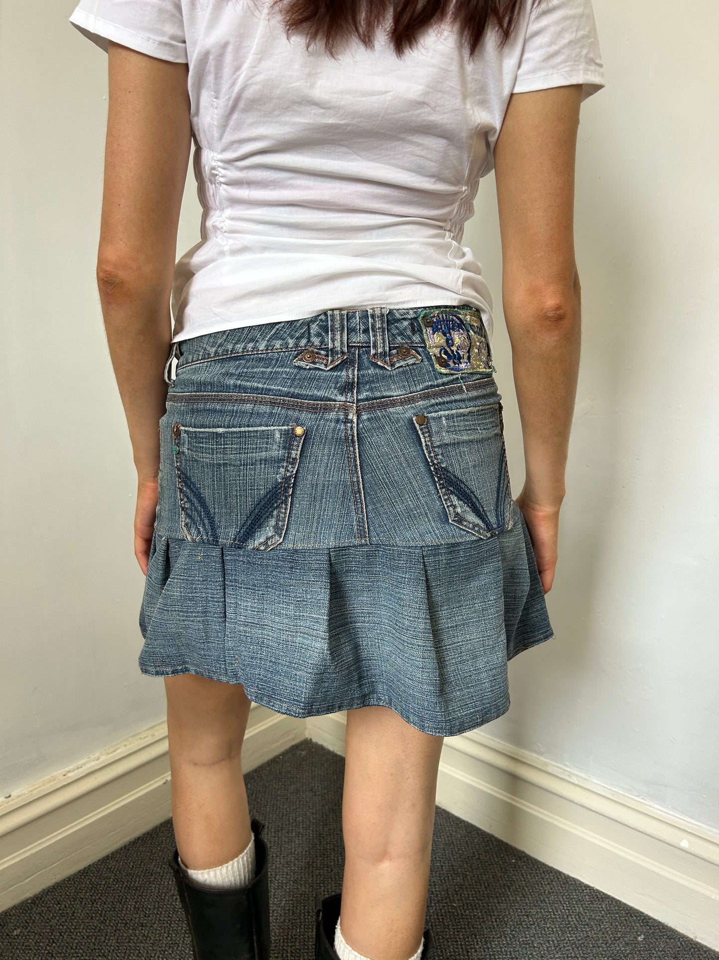 Denim Reworked Mini Skirt - Size Medium