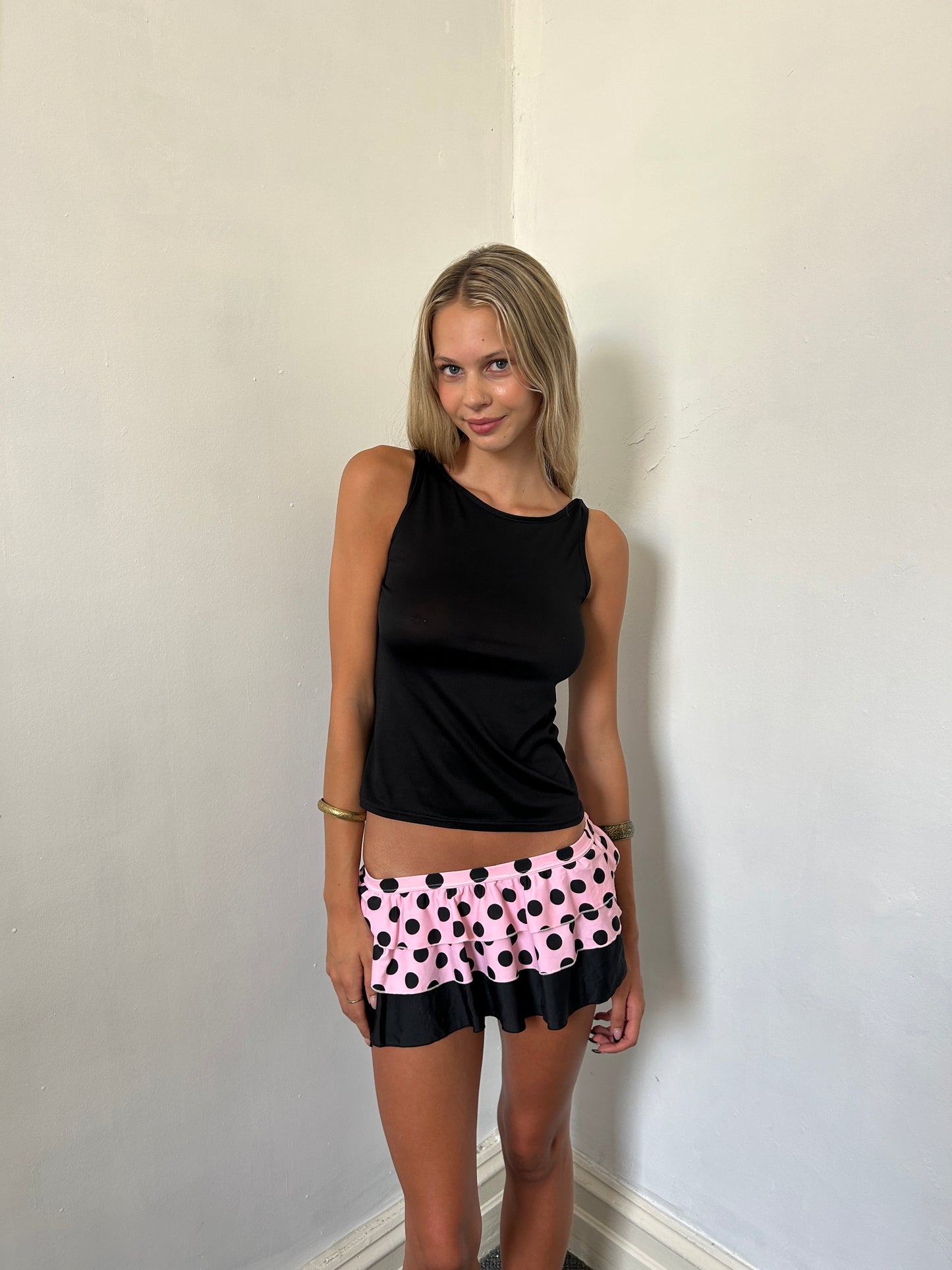 Pink Black Polka Dot Mini Swim Skirt - Size Small