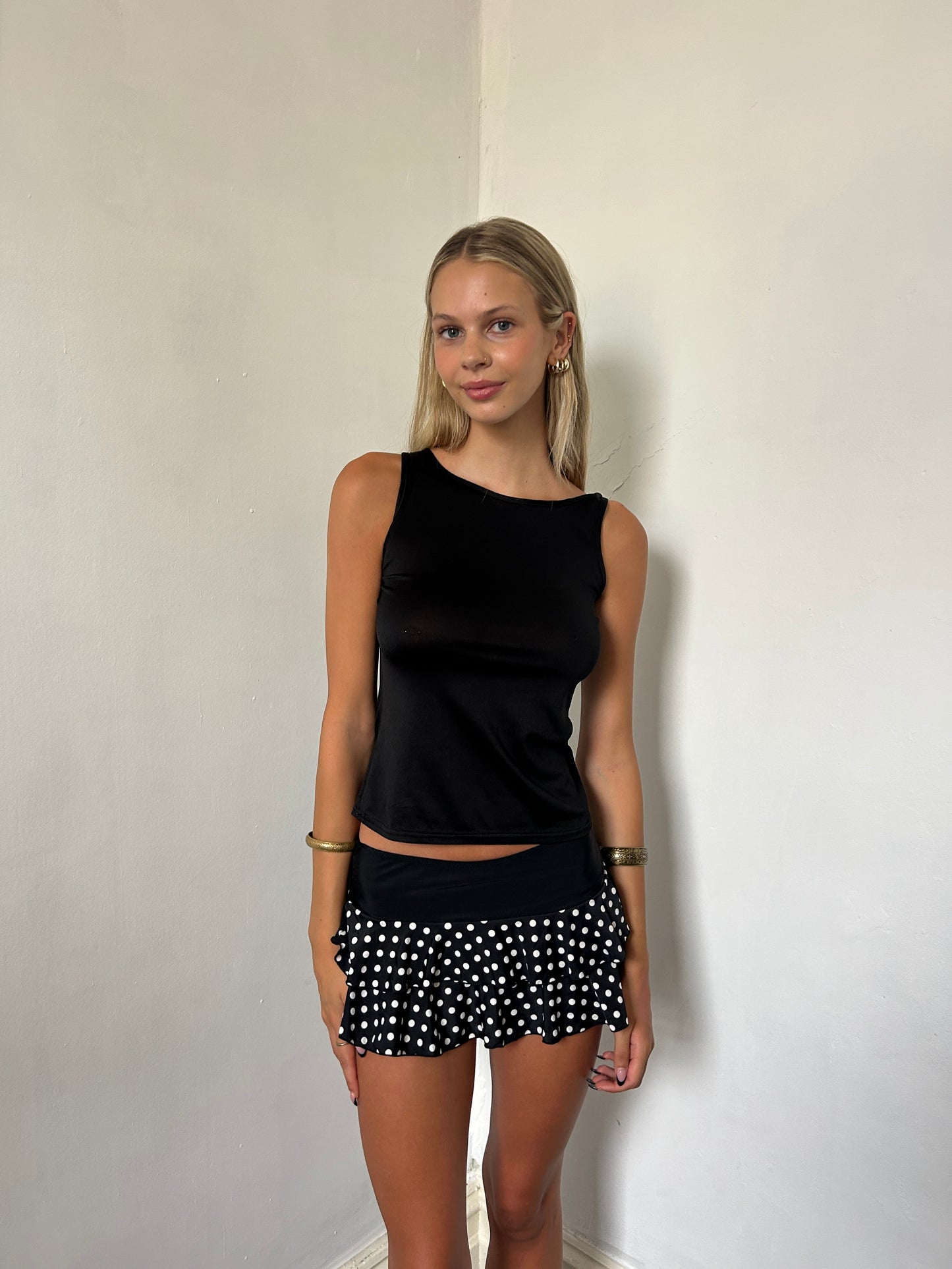 Black White Polka Dot Mini Swim Skirt - Size Extra-Small