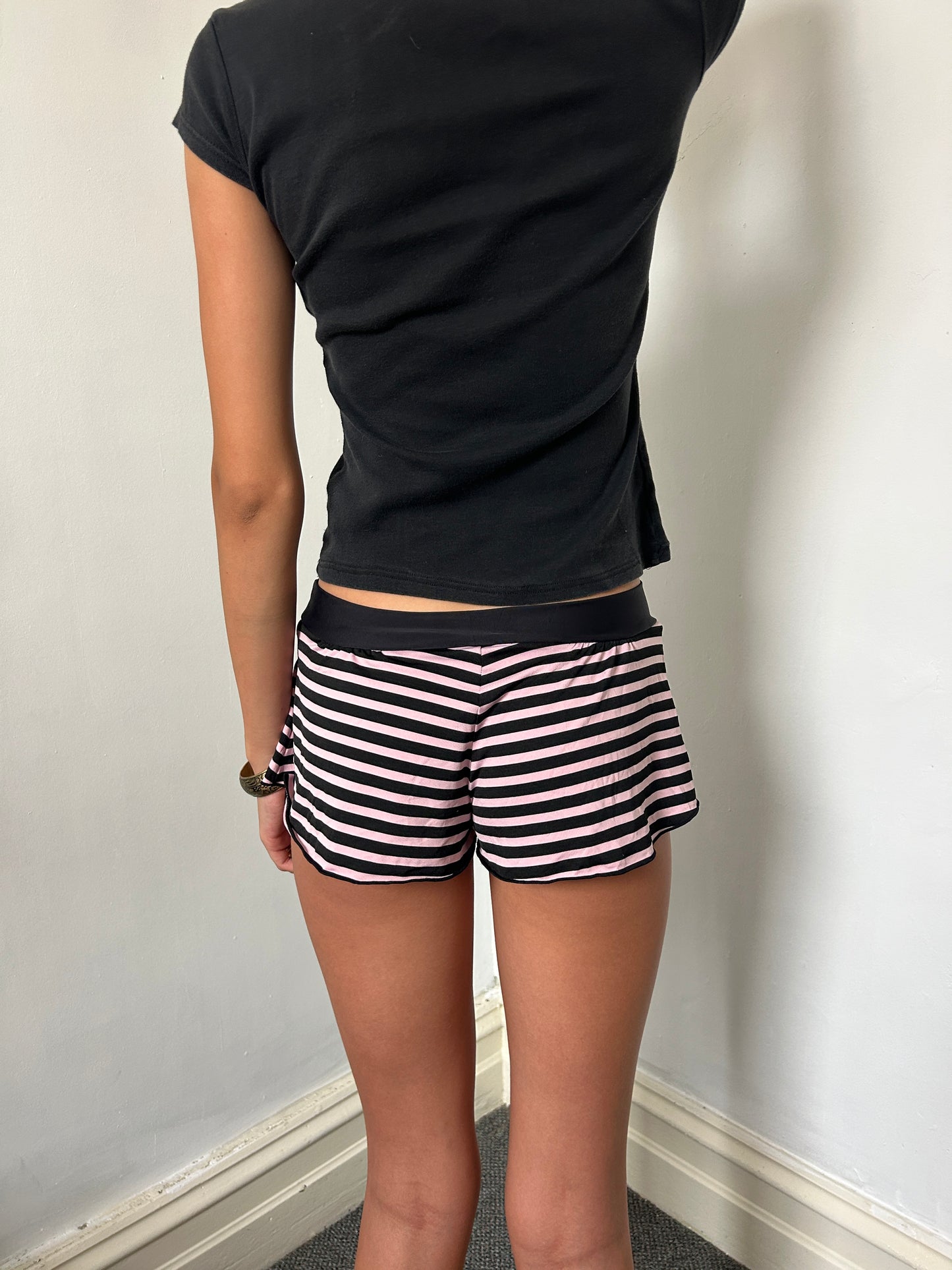 Pink Black Striped Micro Mini Shorts - Size Medium
