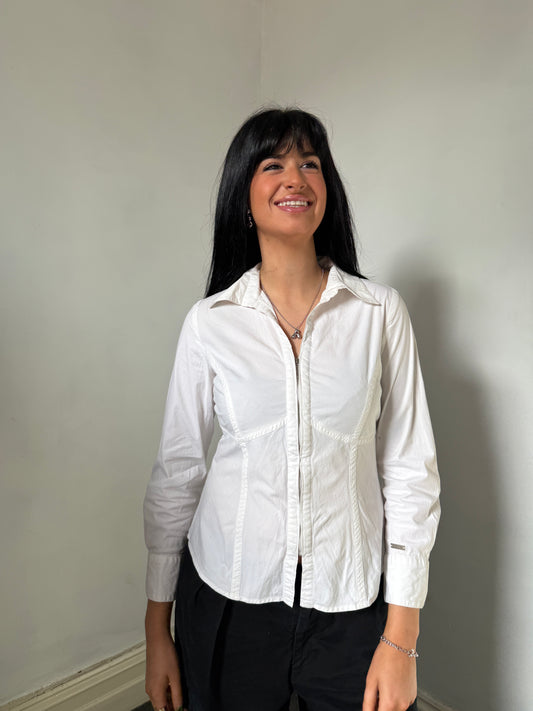 White Long Sleeve Zip Up Shirt - Size 8