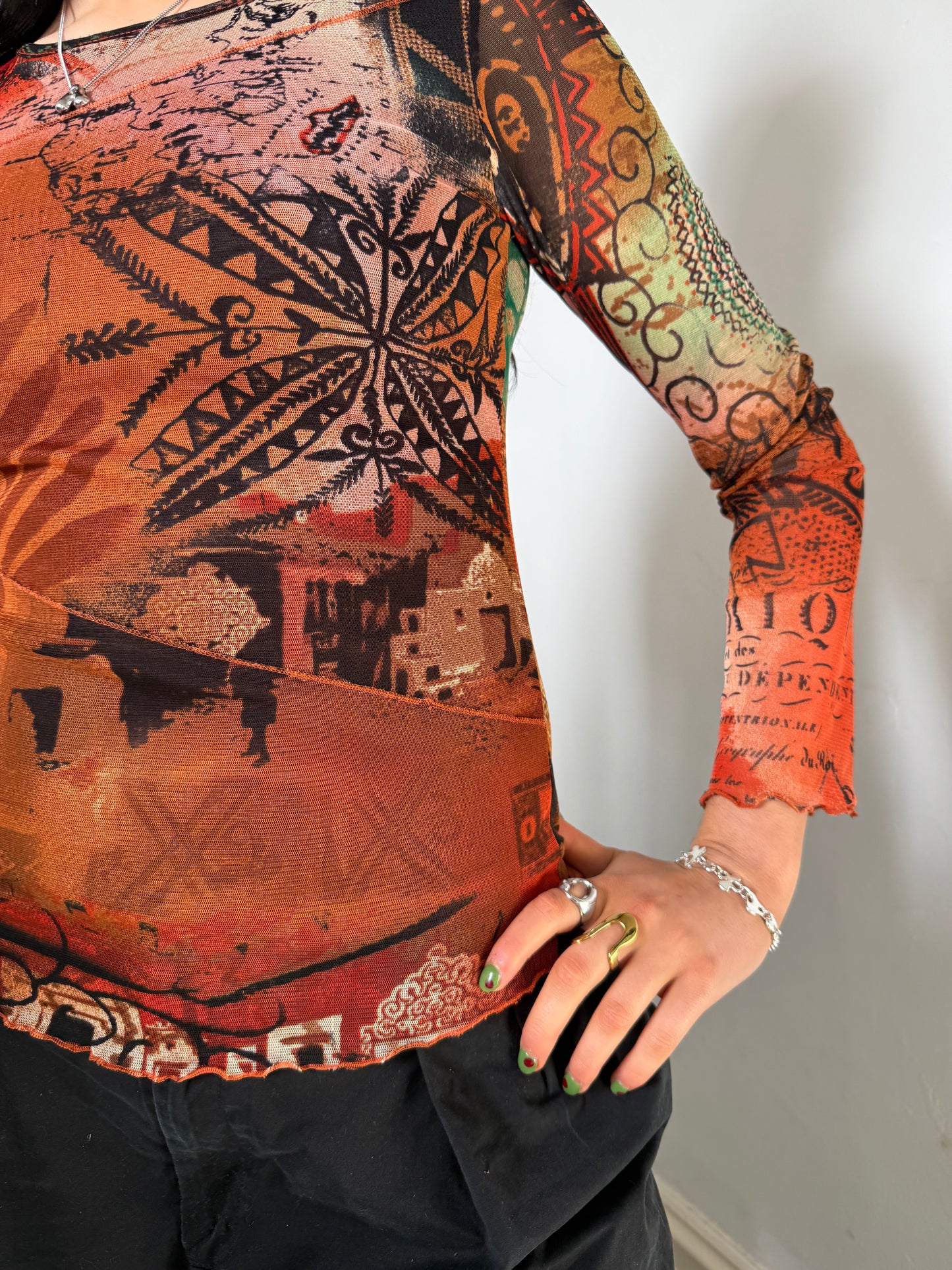 Orange Mesh Long Sleeve Top - Size Small
