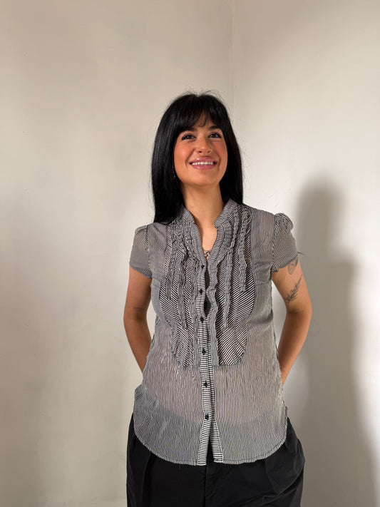 Grey Black Striped Button Up Shirt - Size Medium