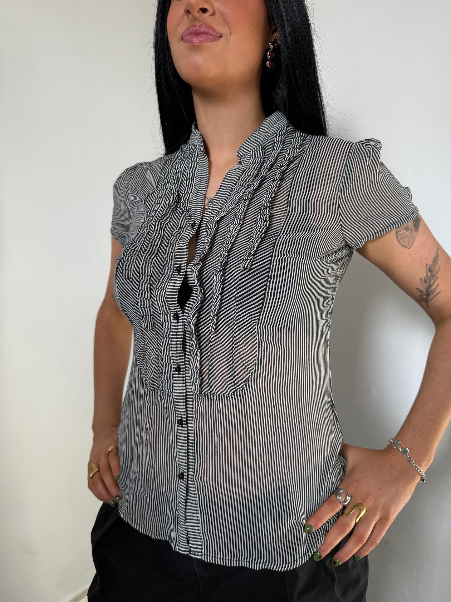 Grey Black Striped Button Up Shirt - Size Medium