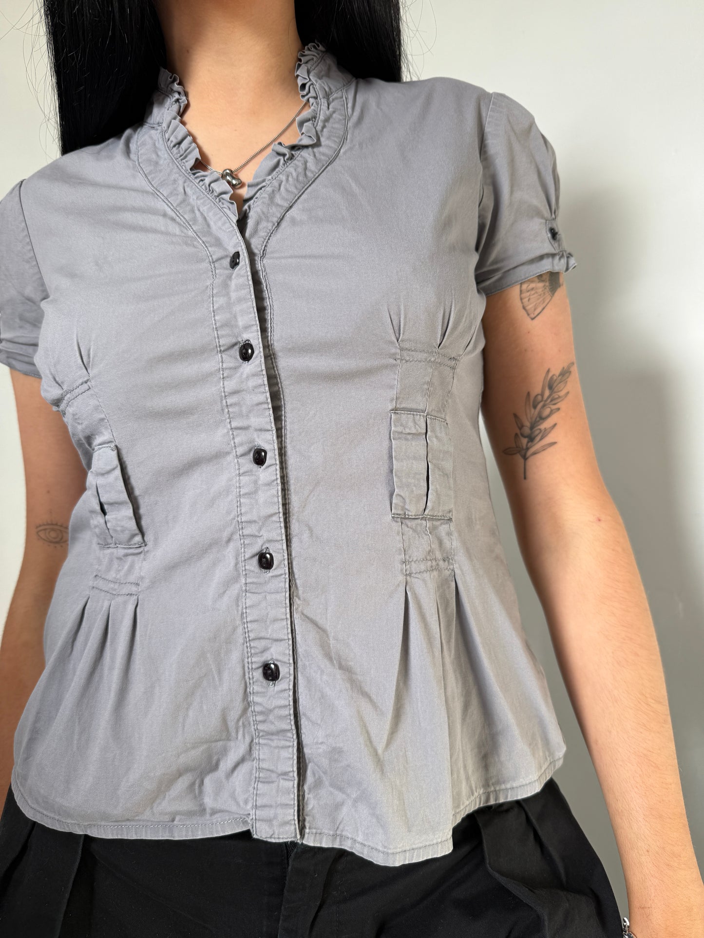 Grey Button Up Ruffle Shirt - Size Medium