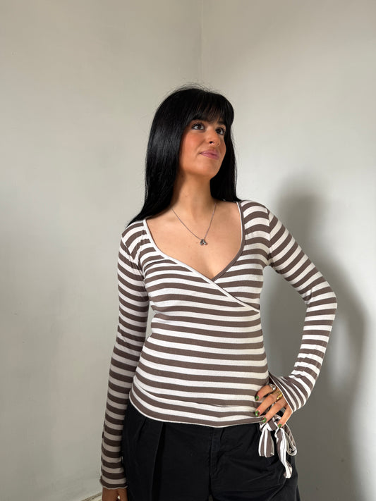 Brown White Striped Long Sleeve Top - Size Large
