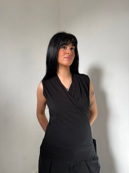 Long Black Wrap Style Top - Size Medium