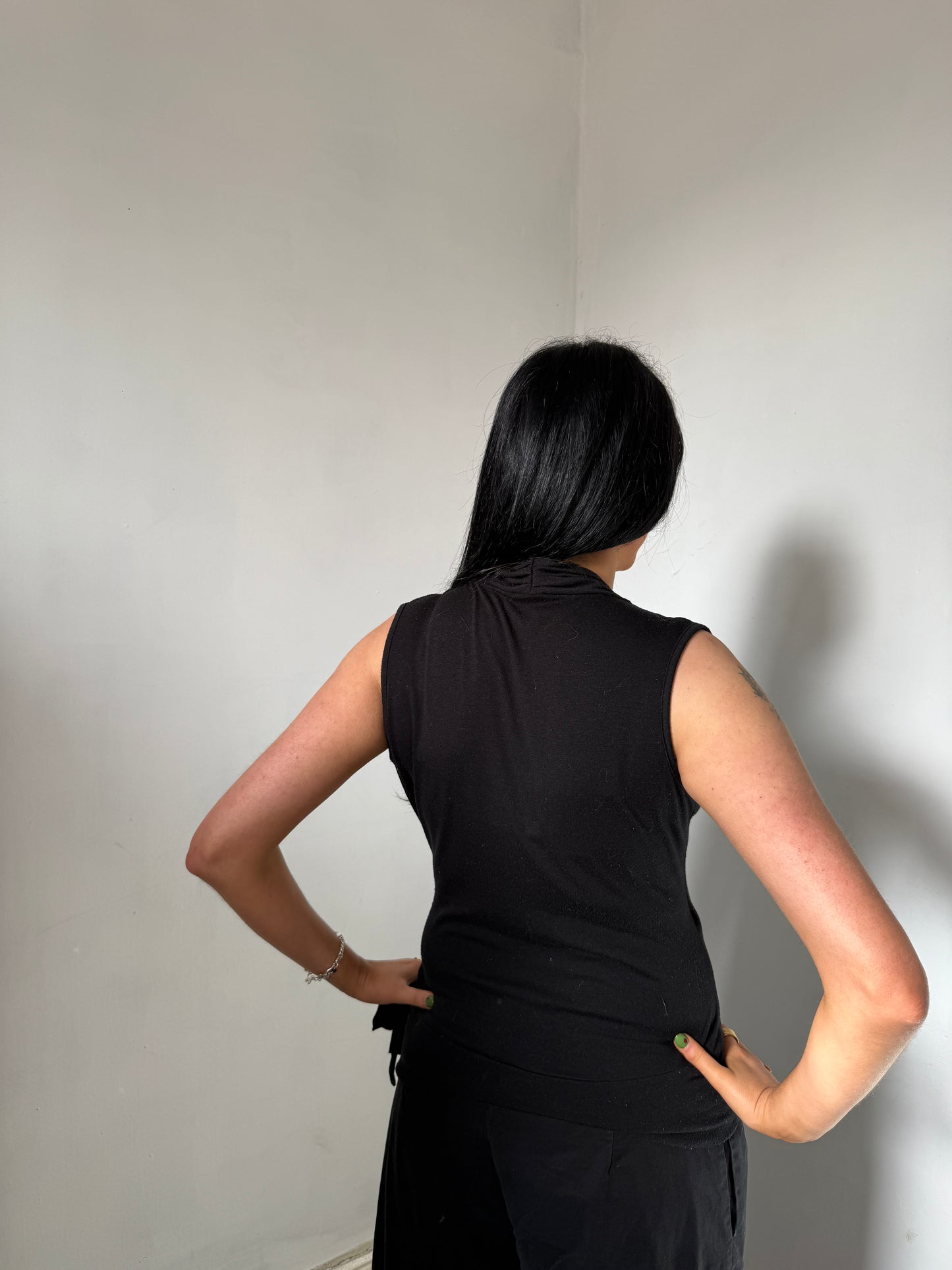 Long Black Wrap Style Top - Size Medium