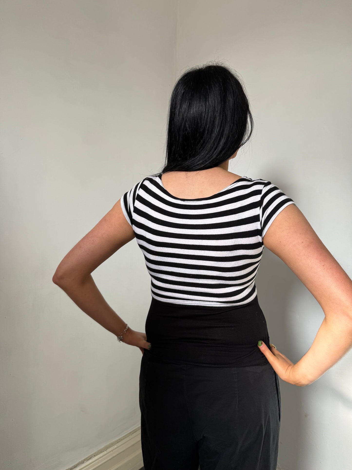 Black White Striped Bolero Style Top - Size Large