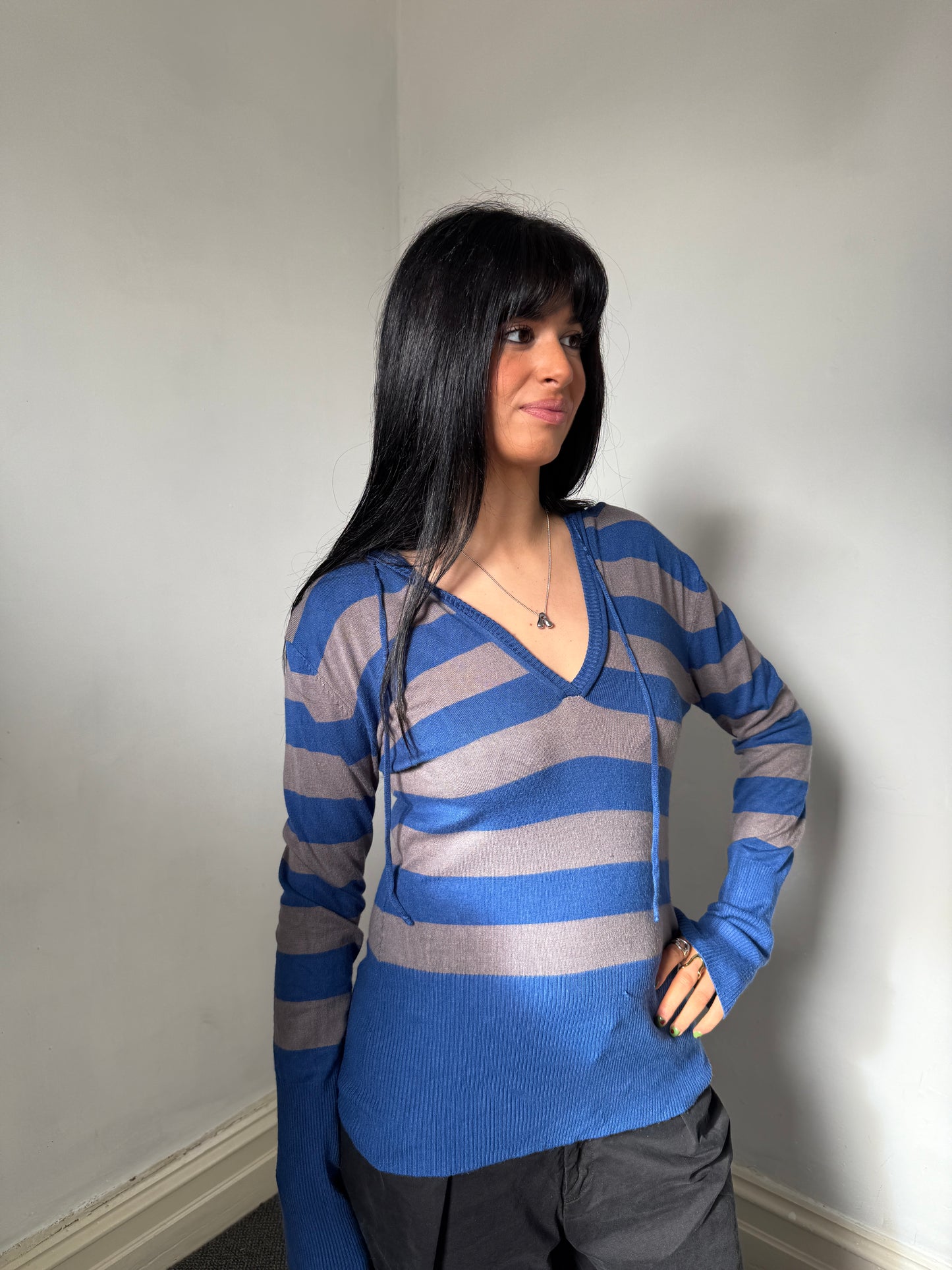 Blue Striped Hooded Top - Size Large