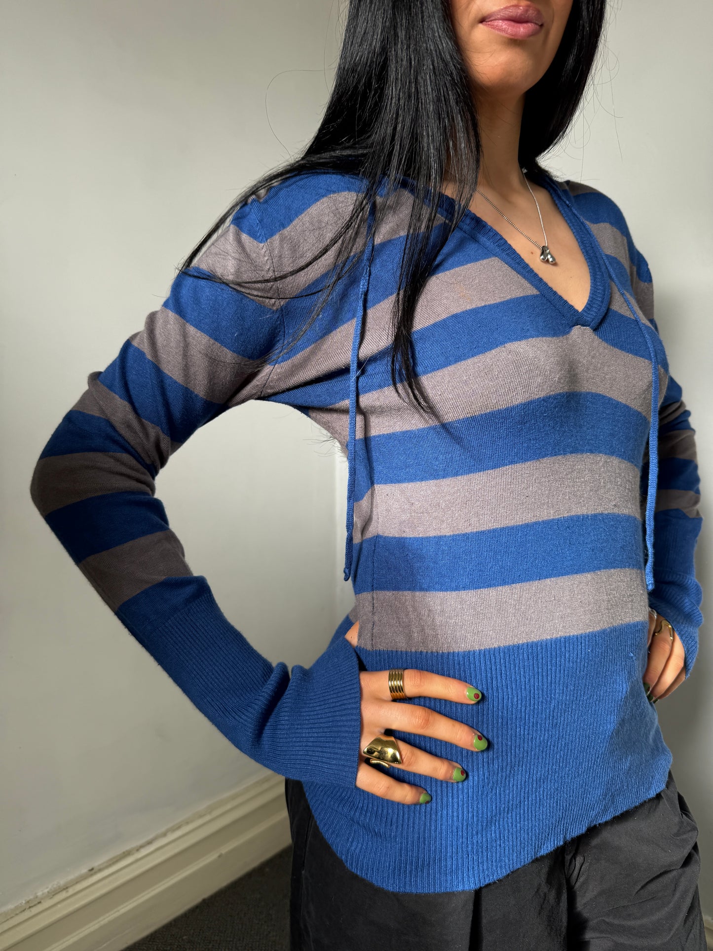 Blue Striped Hooded Top - Size Large
