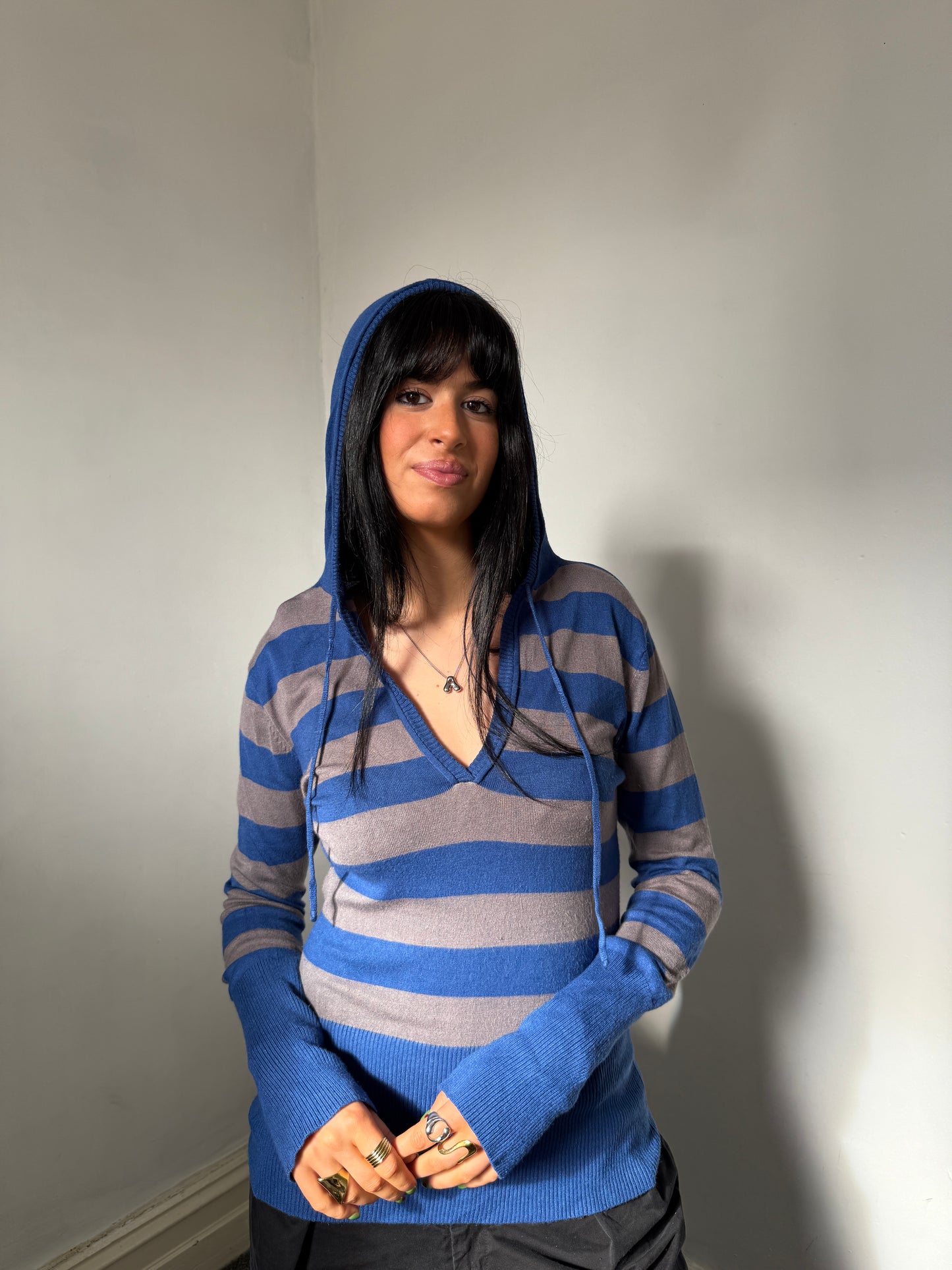 Blue Striped Hooded Top - Size Large