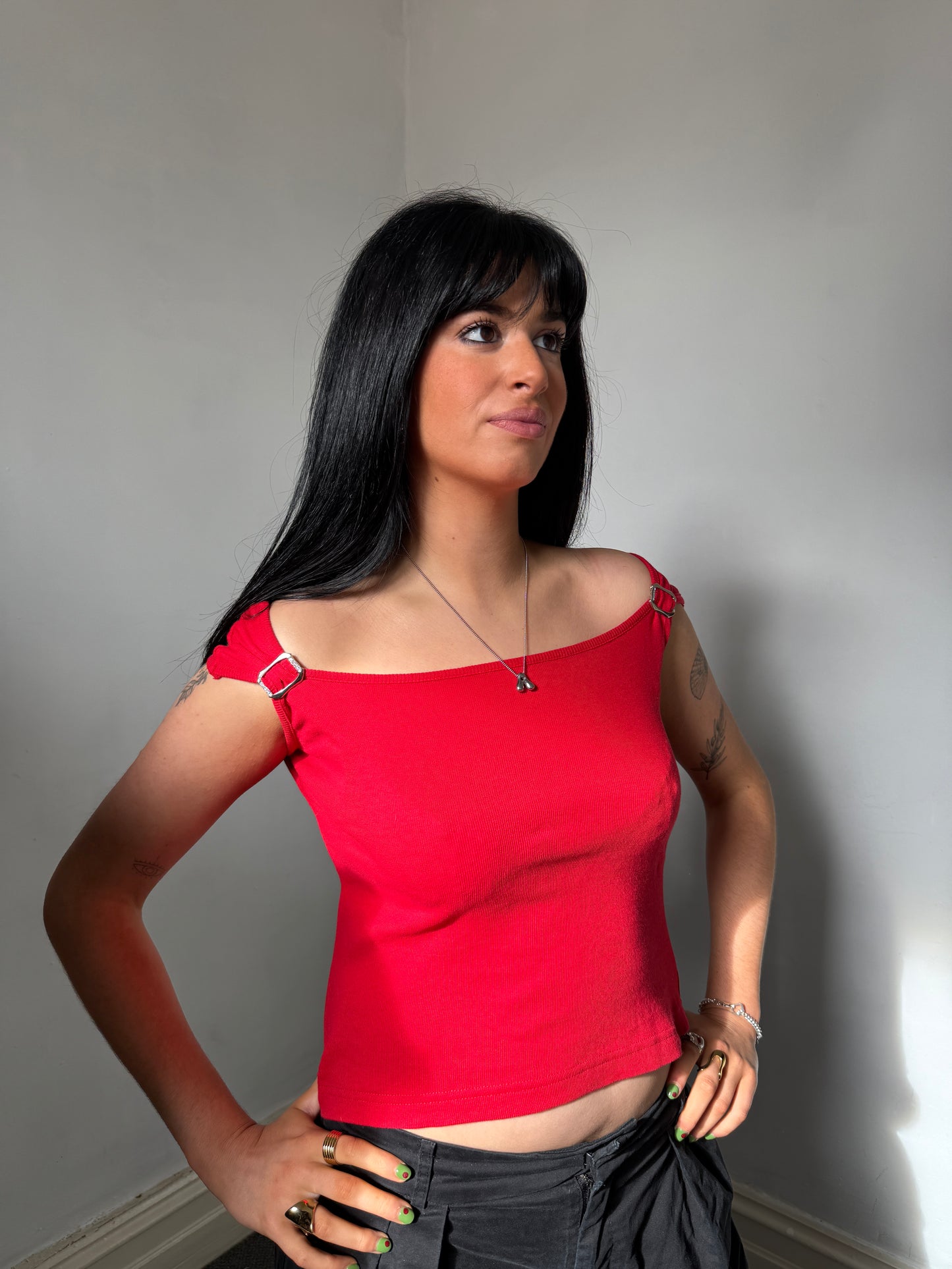 Red Off Shoulder Buckle Top - Size Medium