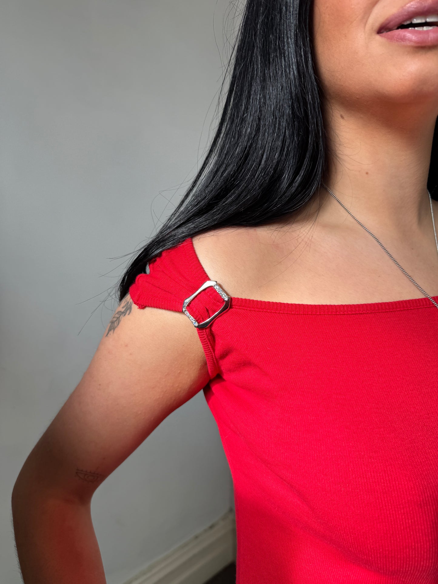 Red Off Shoulder Buckle Top - Size Medium