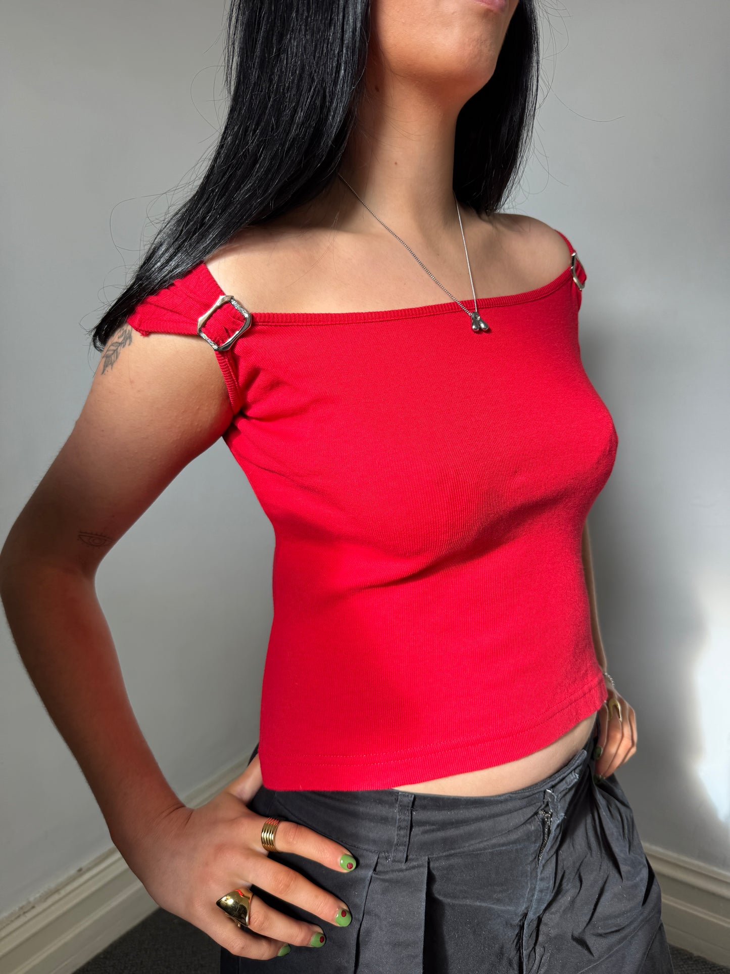 Red Off Shoulder Buckle Top - Size Medium