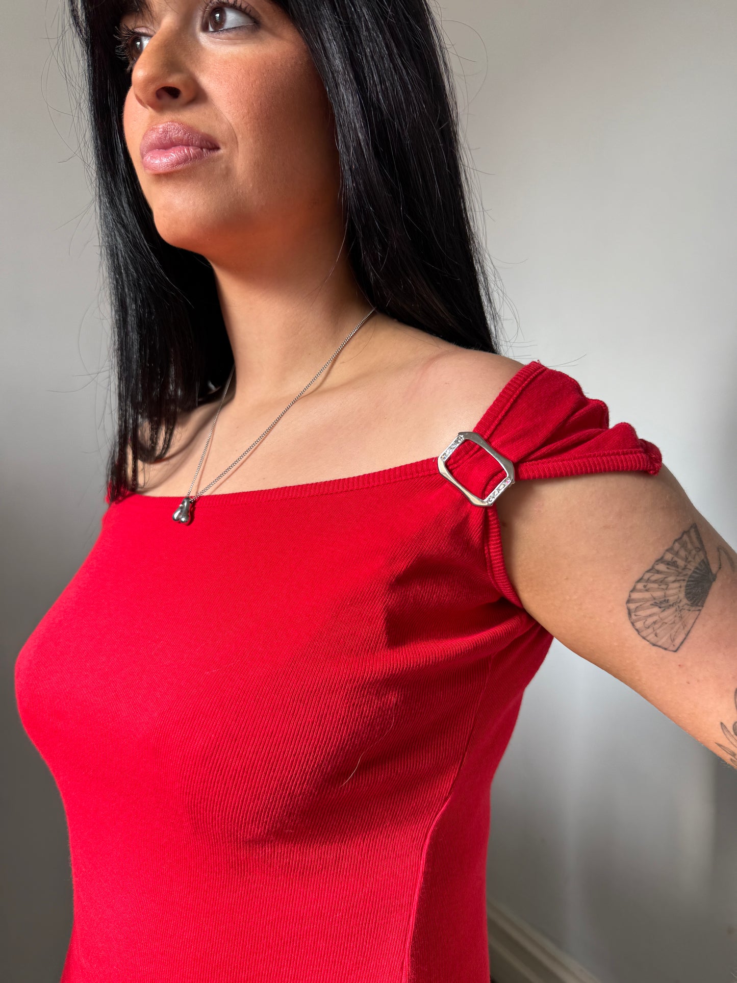Red Off Shoulder Buckle Top - Size Medium