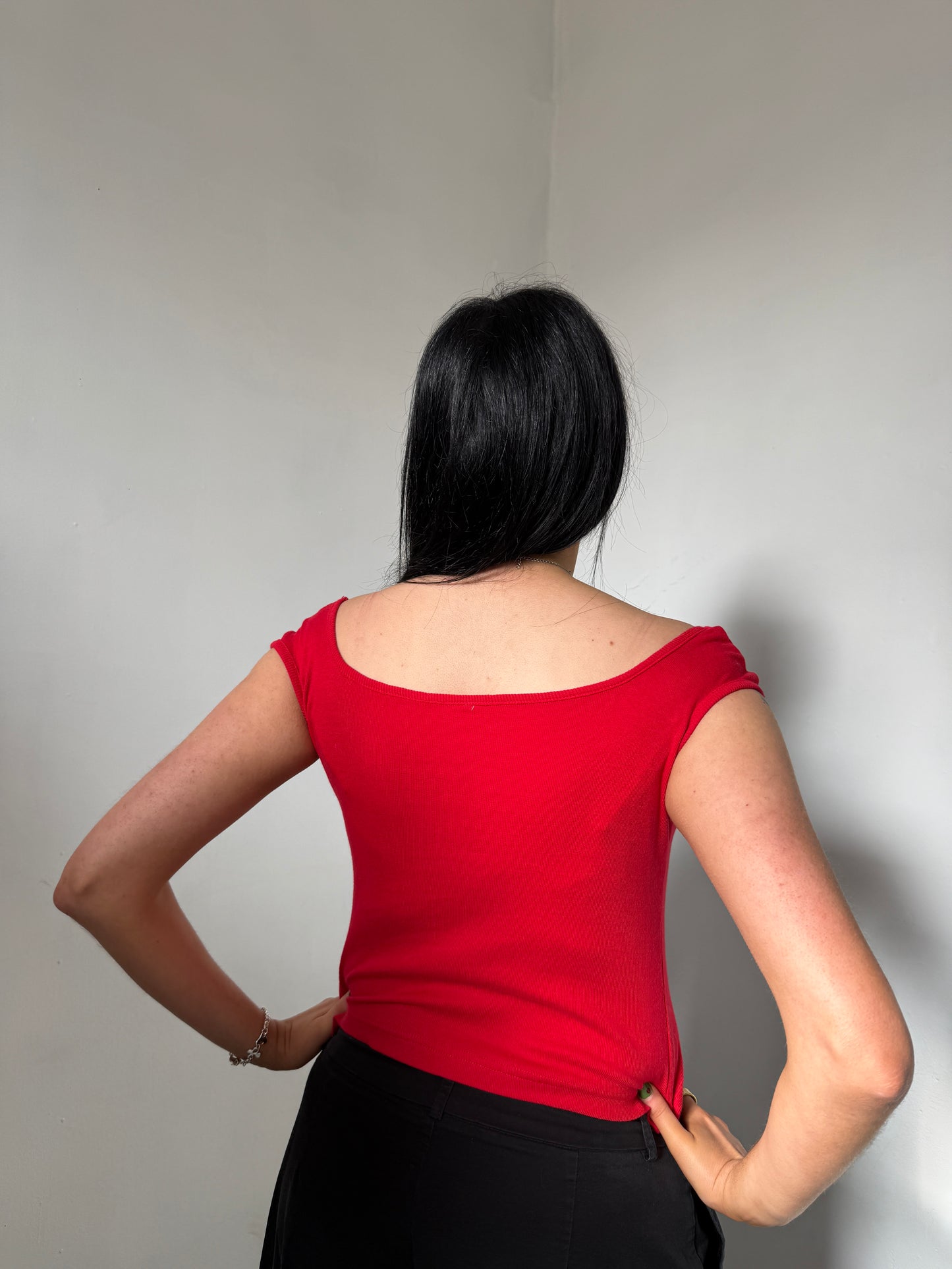 Red Off Shoulder Buckle Top - Size Medium