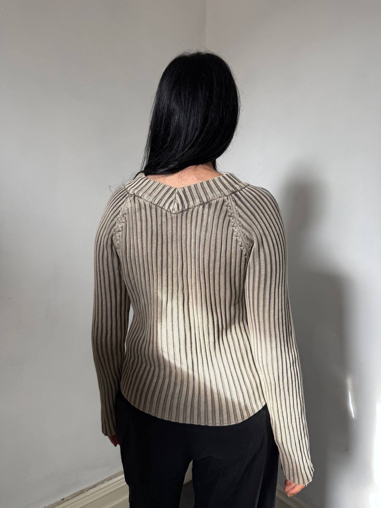 Beige Ribbed Knitted Jumper - Size Large