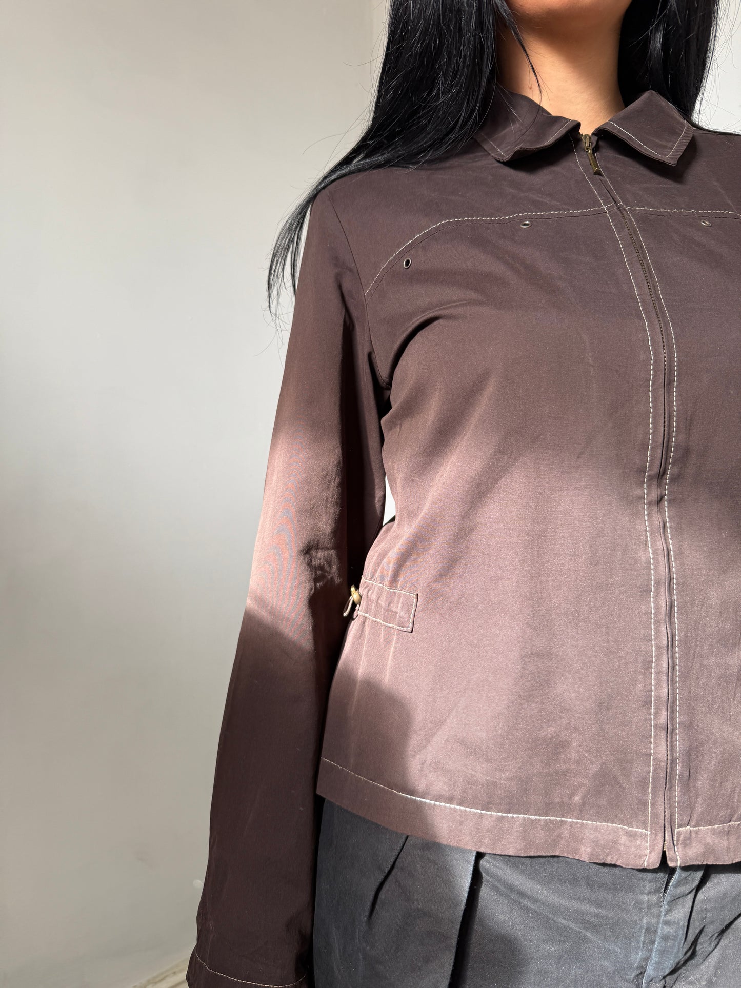 Brown Zip Up Jacket w Contrast Stitch - Size 12