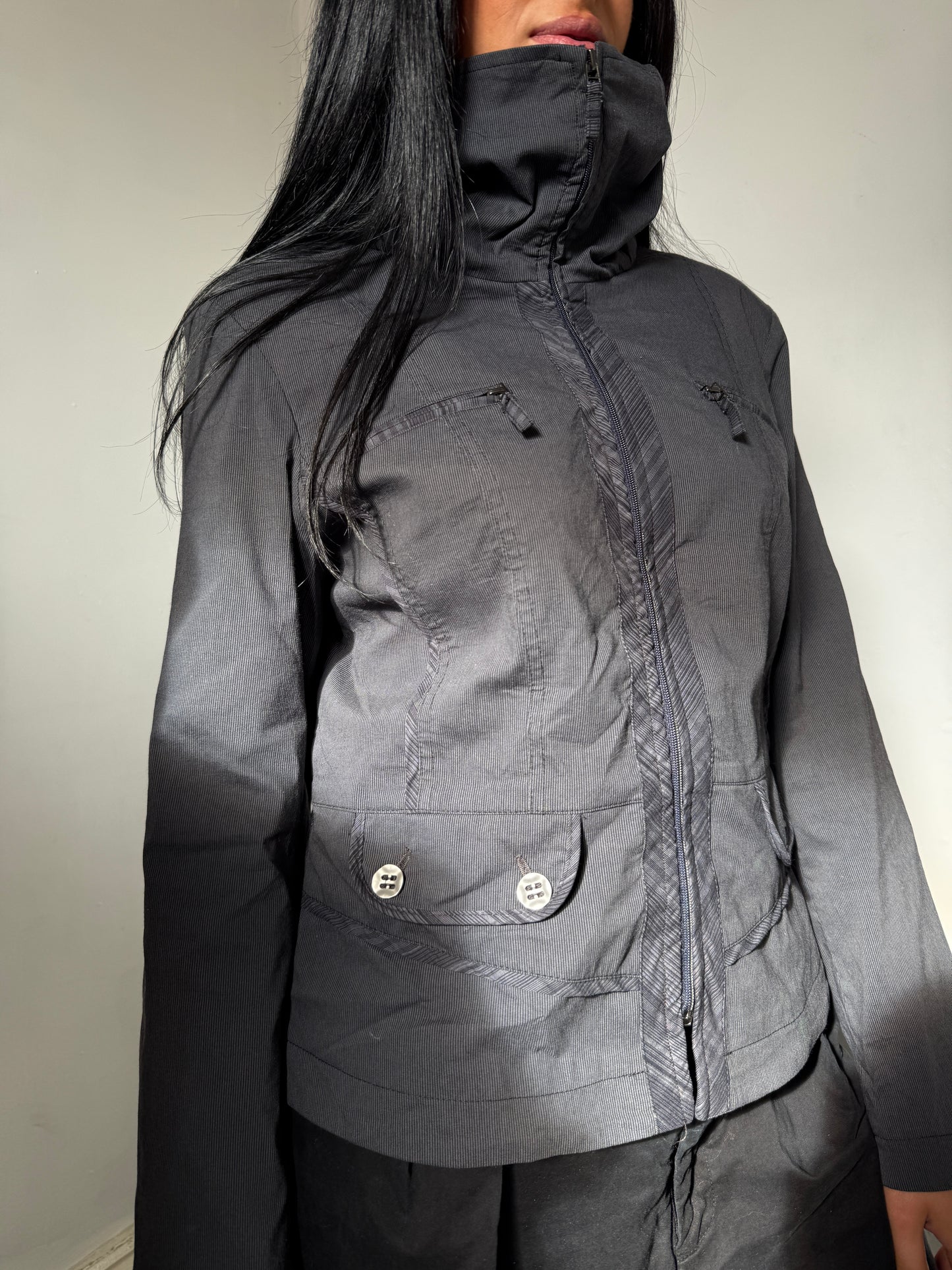 Dark Grey High Neck Funky Zip Up Jacket - Size 14