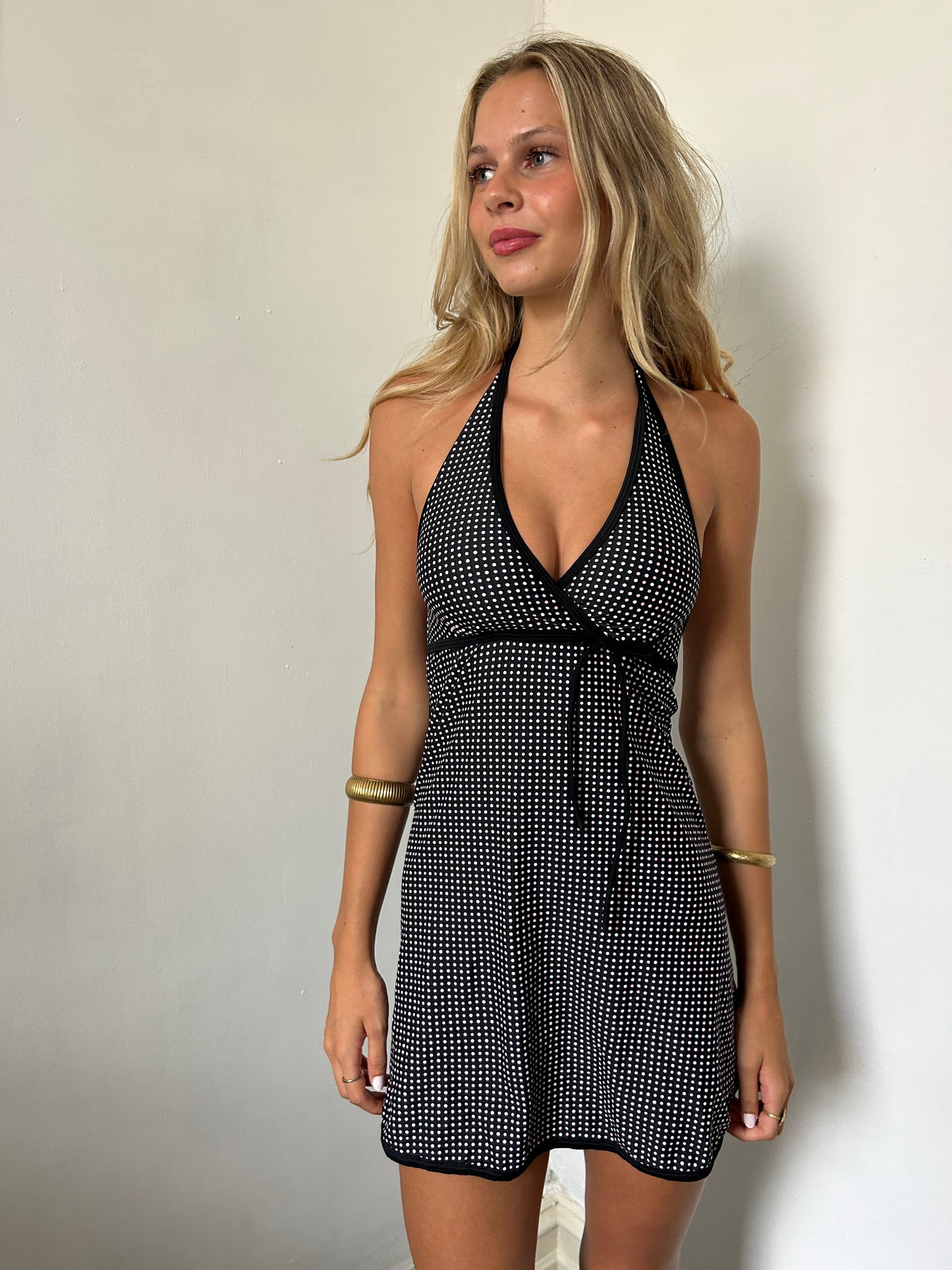 Black Pink Halter Neck Swim Dress - Size Small