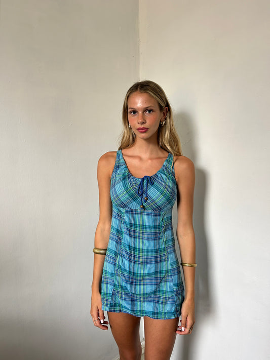 Blue Gingham Mini Swim Dress - Size Small